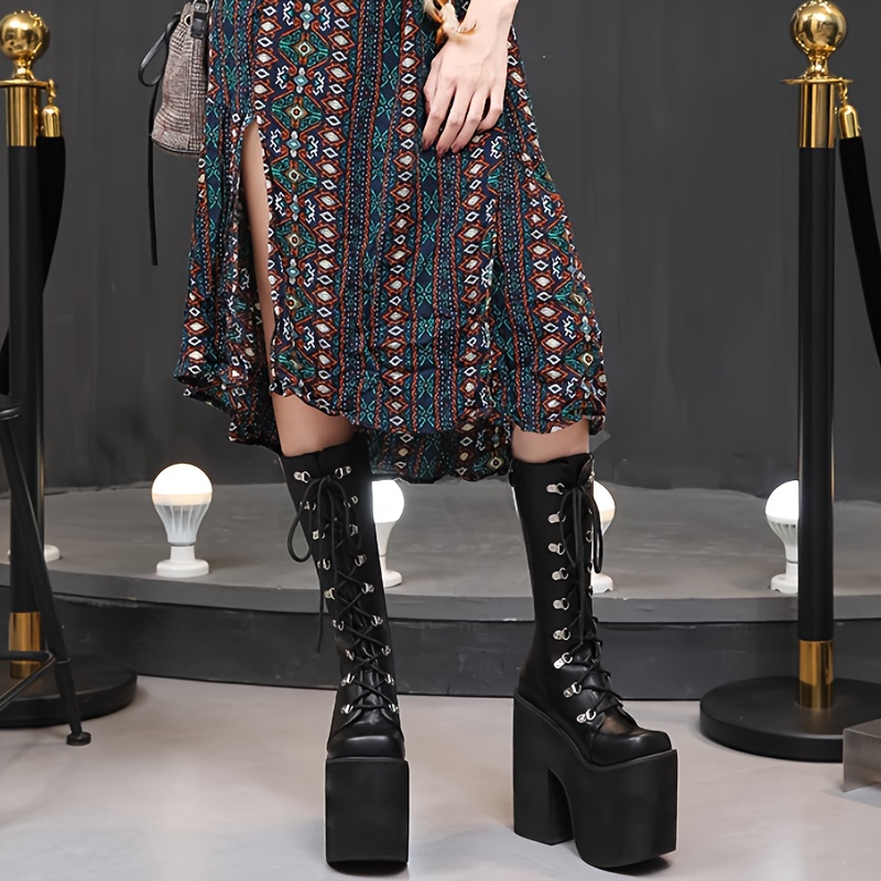 womens y2k side zip platform boots black pointed toe lace - Temu