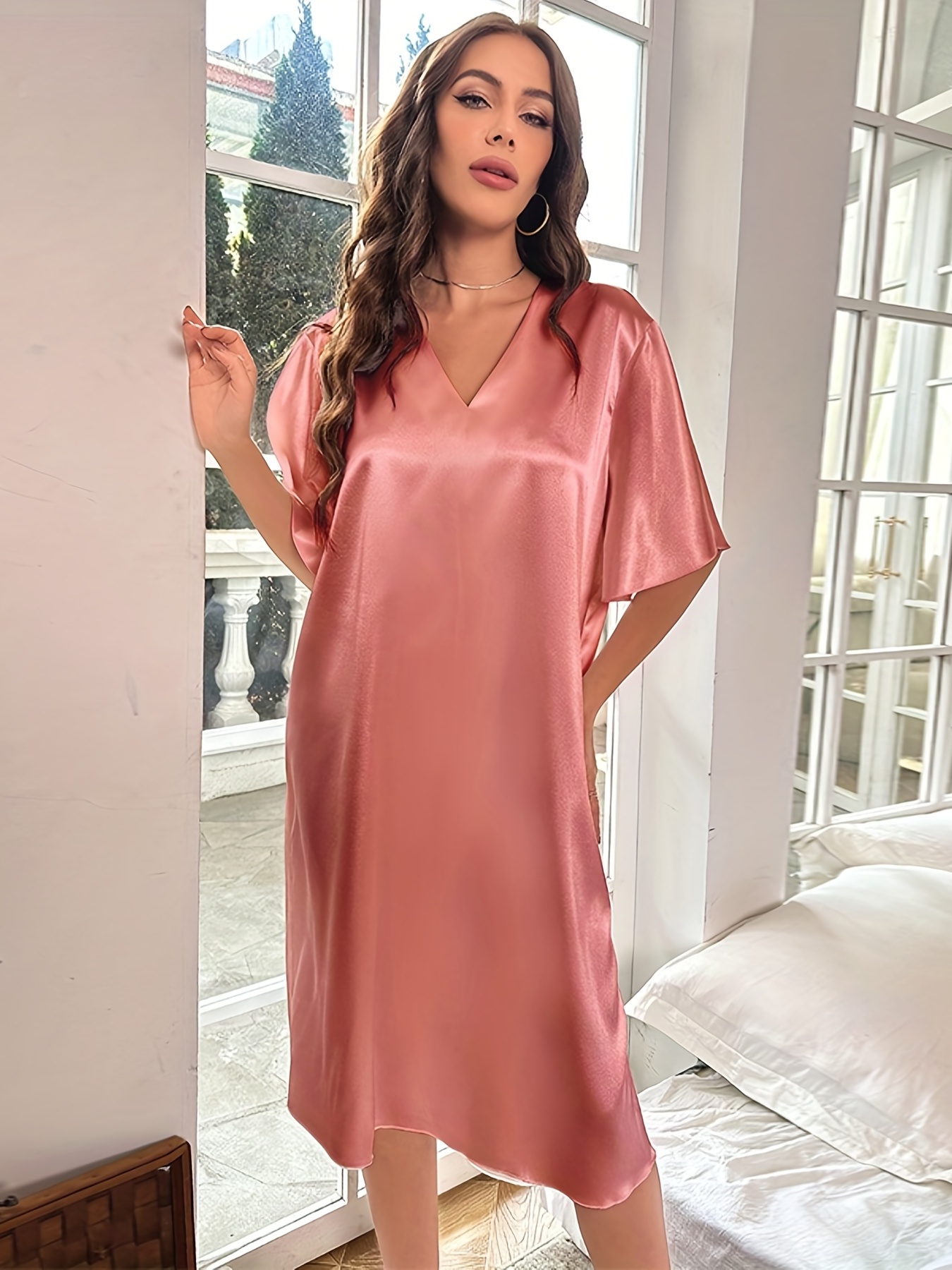 Plus Size Casual Nightgown Women's Plus Satin Contrast Lace - Temu