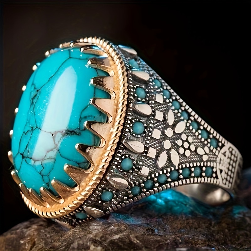 

1pc Hot Sale New Vintage Men's Electroplated Two-tone Inlaid Turquoise Ring