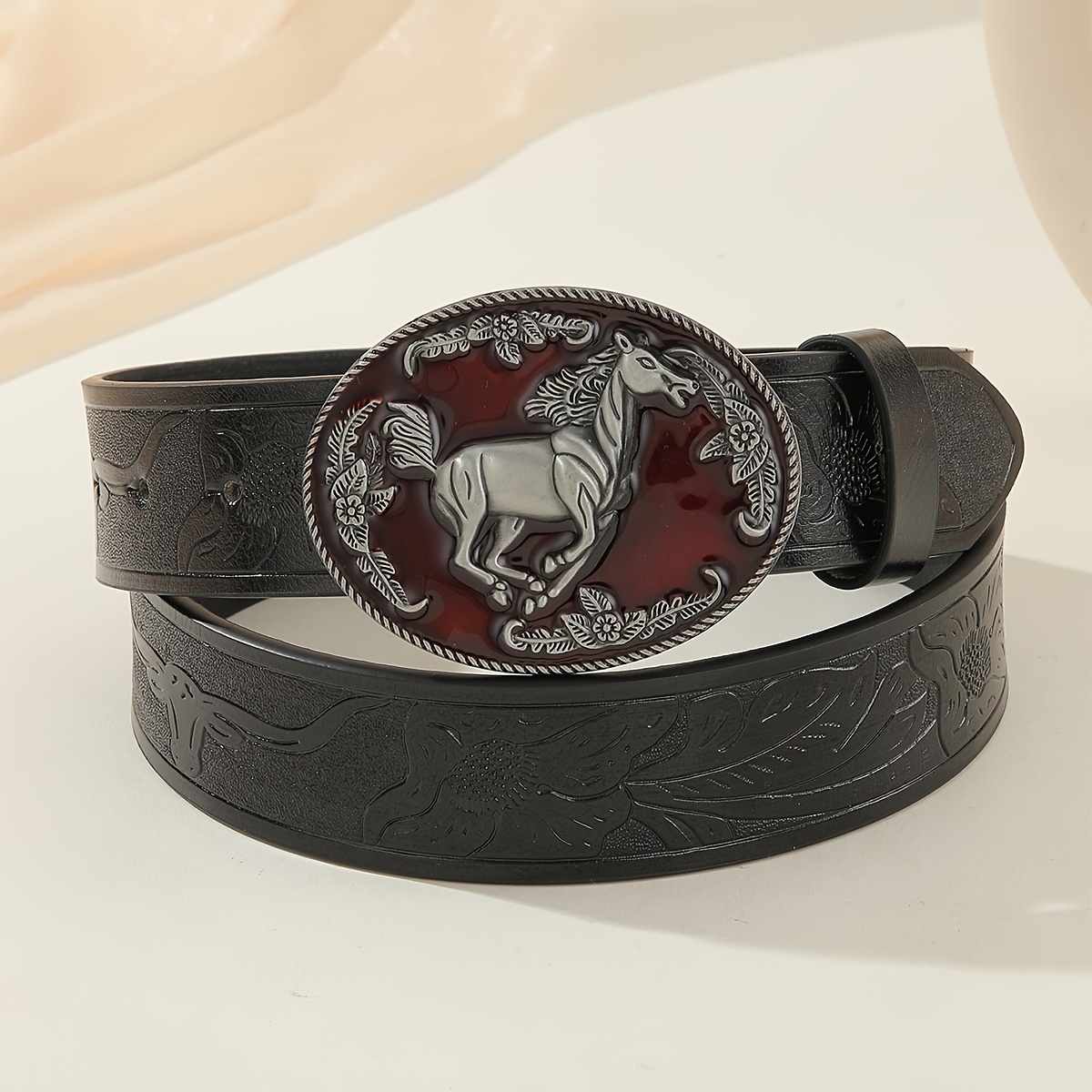 Hollow Lace Horse Head Large Board Buckle Pu Embossed Pu Leather Belt  Trendy Versatile Mens Belt Ideal Choice For Gifts, Shop The Latest Trends