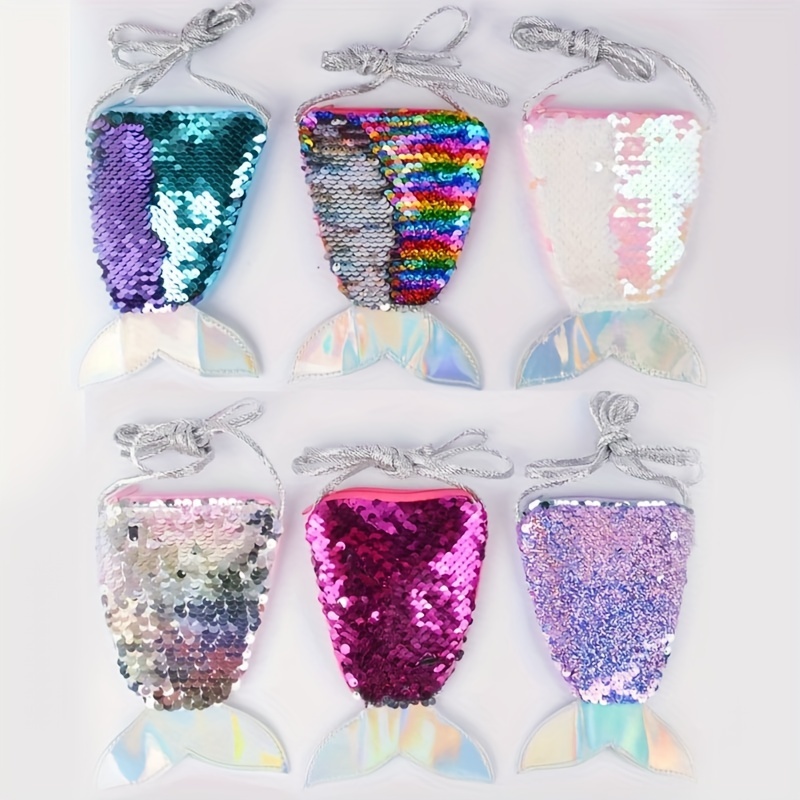 6pcs Borsa A Tracolla Piccola Con Paillettes A Coda Di Sirena Per Ragazze,  Portamonete A Forma Di Pesce Per Bambini, Borsa A Tracolla Con Cordino A Coda  Di Pesce Con Paillettes 