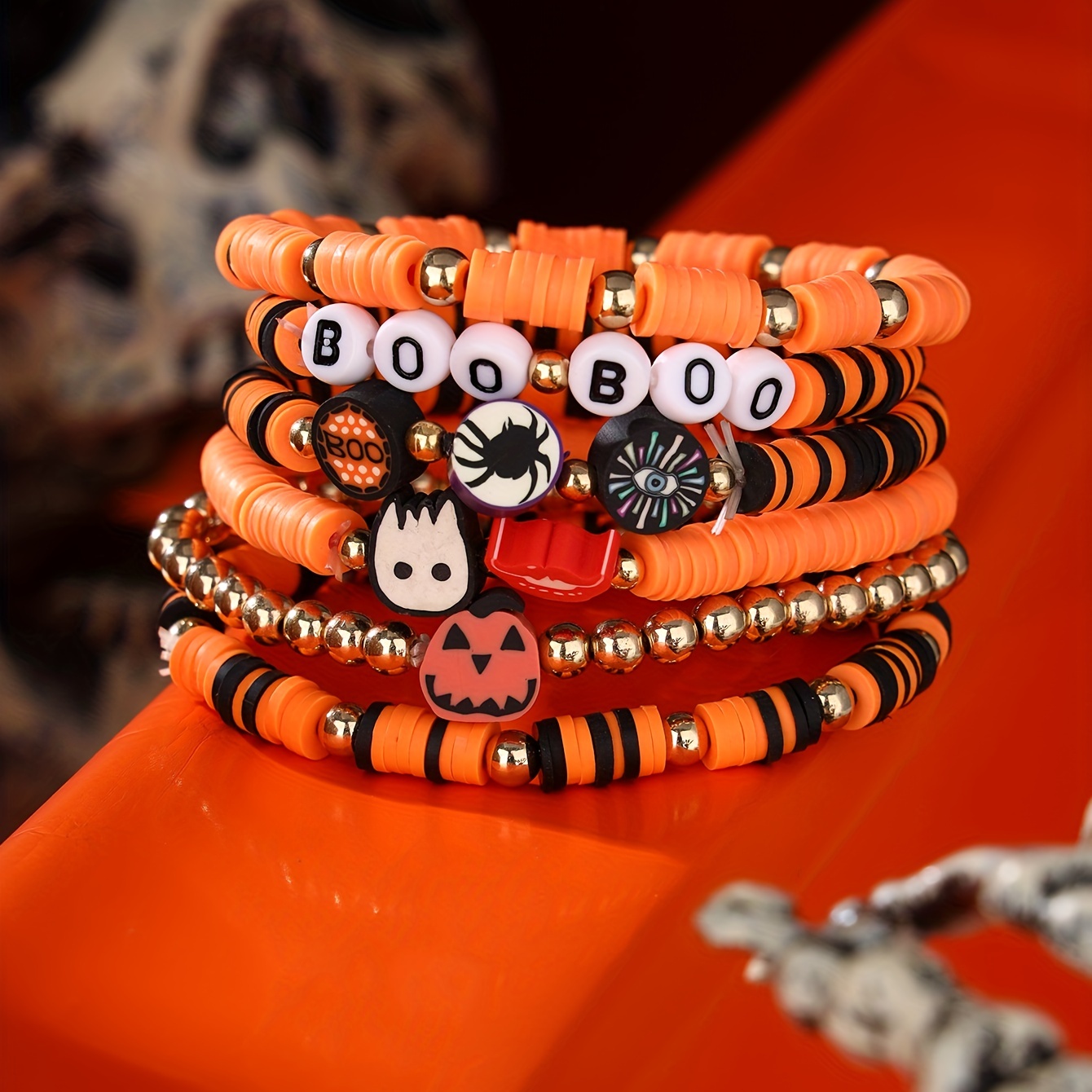 5pcs Halloween Beaded Letter Beads Pumpkin Bracelet, Soft Clay Festival Handicraft Elastic Bracelet Set, Halloween Gifts,Temu