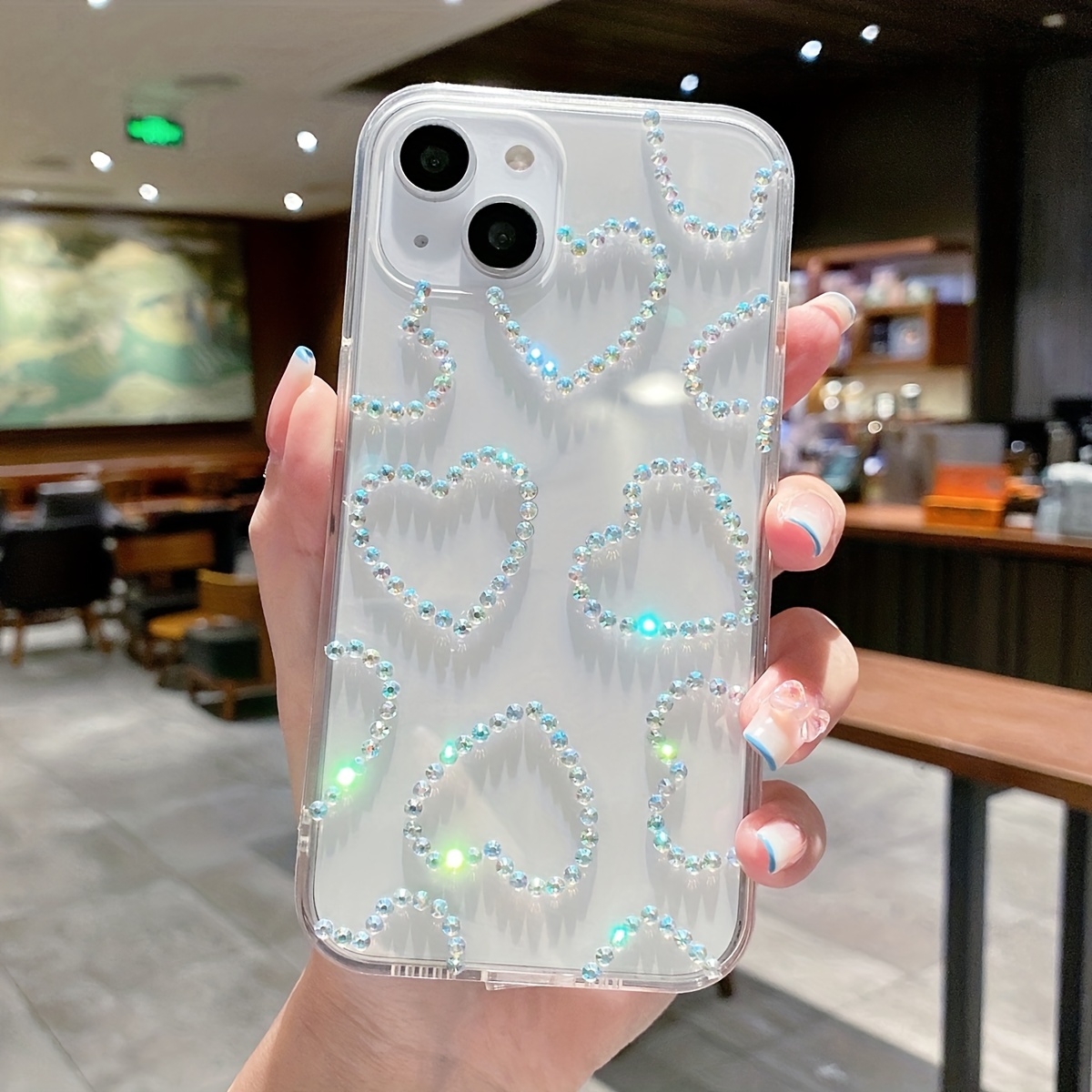 

Transparent Case With Heart, 5 Stars And Double Flower Rhinestone Protection Cover For Iphone