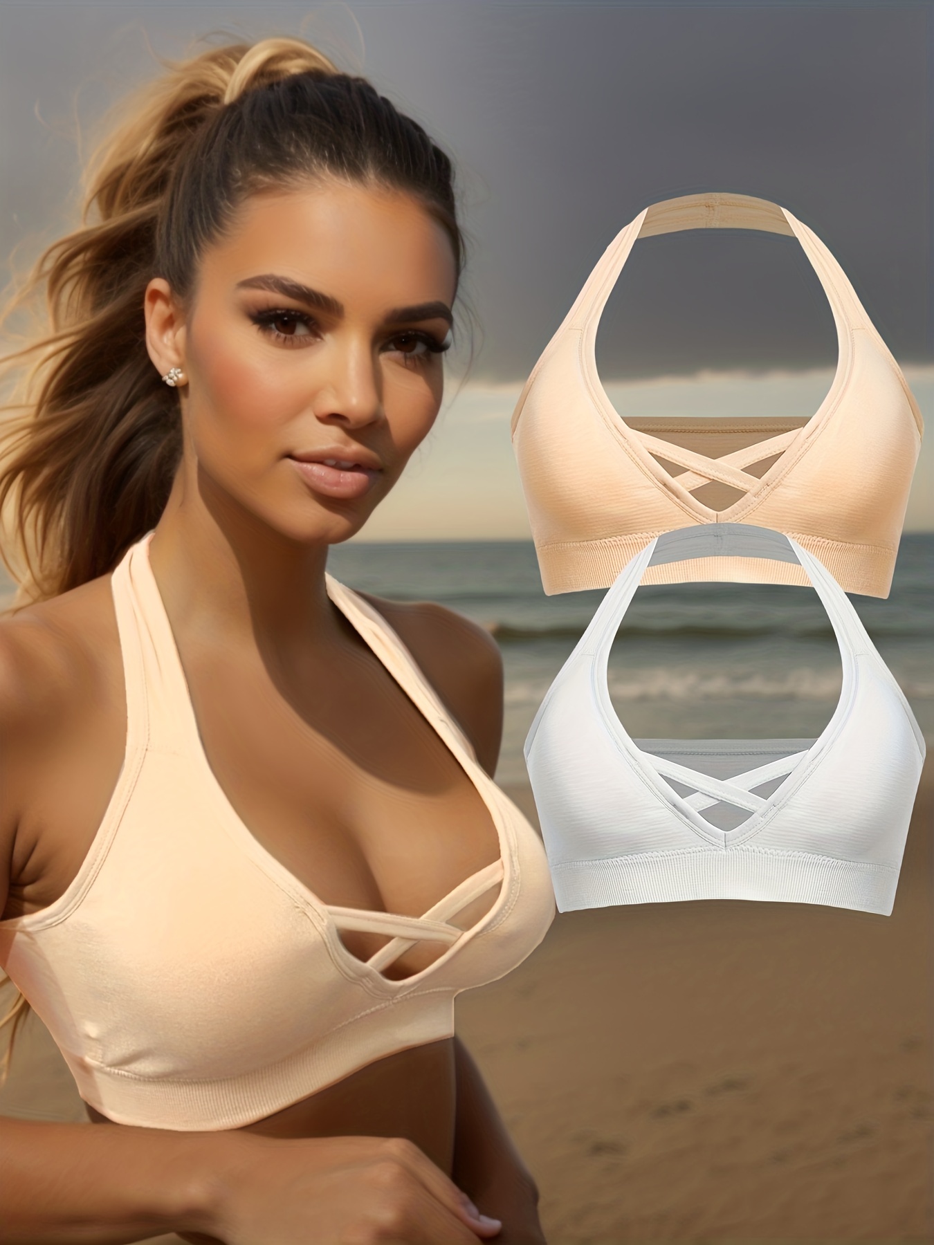  Sports Bras for Women Lace Front Cross Side Buckle and  Removable Pad Tank Top Yoga Sports Bra for Sleep Daily Wear Beige :  Clothing, Shoes & Jewelry