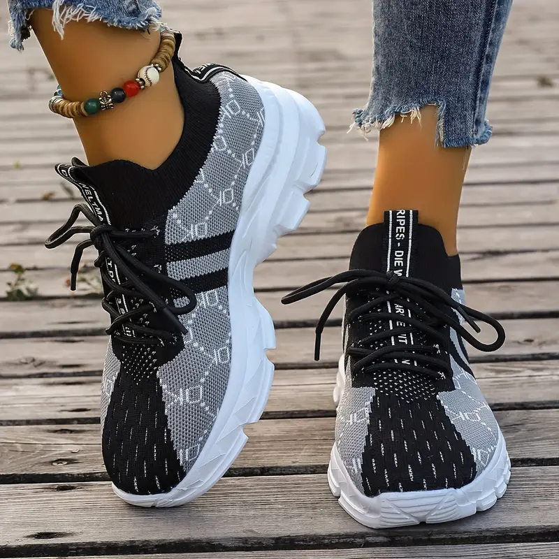 womens knitted running sneakers breathable lace up low top walking trainers casual outdoor sports shoes details 16