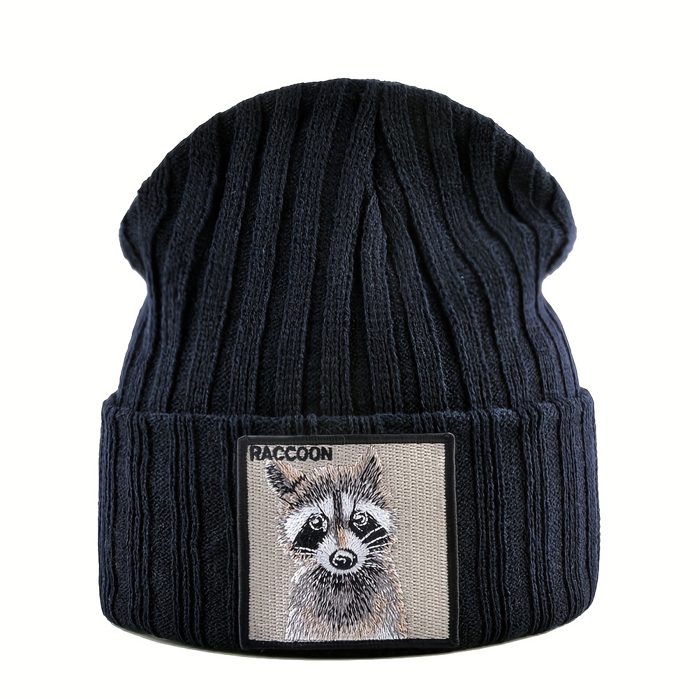 

1pc Winter Knitted Raccoon Animal Embroidery Warm Pullover Hat For Outdoor Ski Sports
