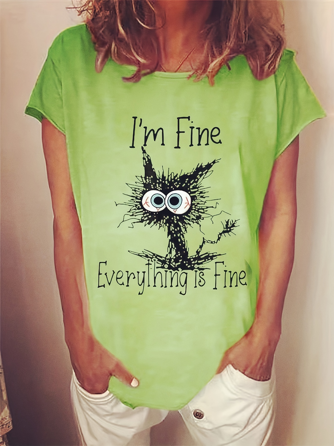 Indskrive Absolut Installation I'm Fine. Everything Is Fine" Letter Print T-shirts, Cat Graffiti Graphic  Loose Short Sleeve Fashion Top, Women's Clothing - Temu