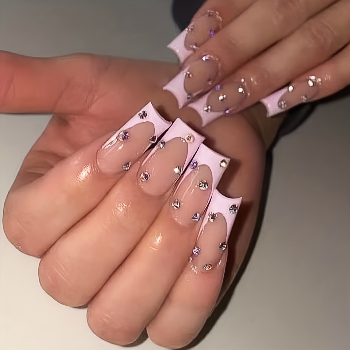 Nude Rhinestone French Tip Press On Nails Full Cover - Temu