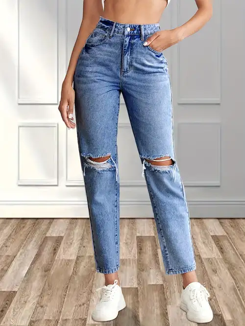 Ripped High * Knee Cut Jeans, Slash Pocket Casual Slim Fit Tapered Denim  Pants, Women's Denim Jeans & Clothing