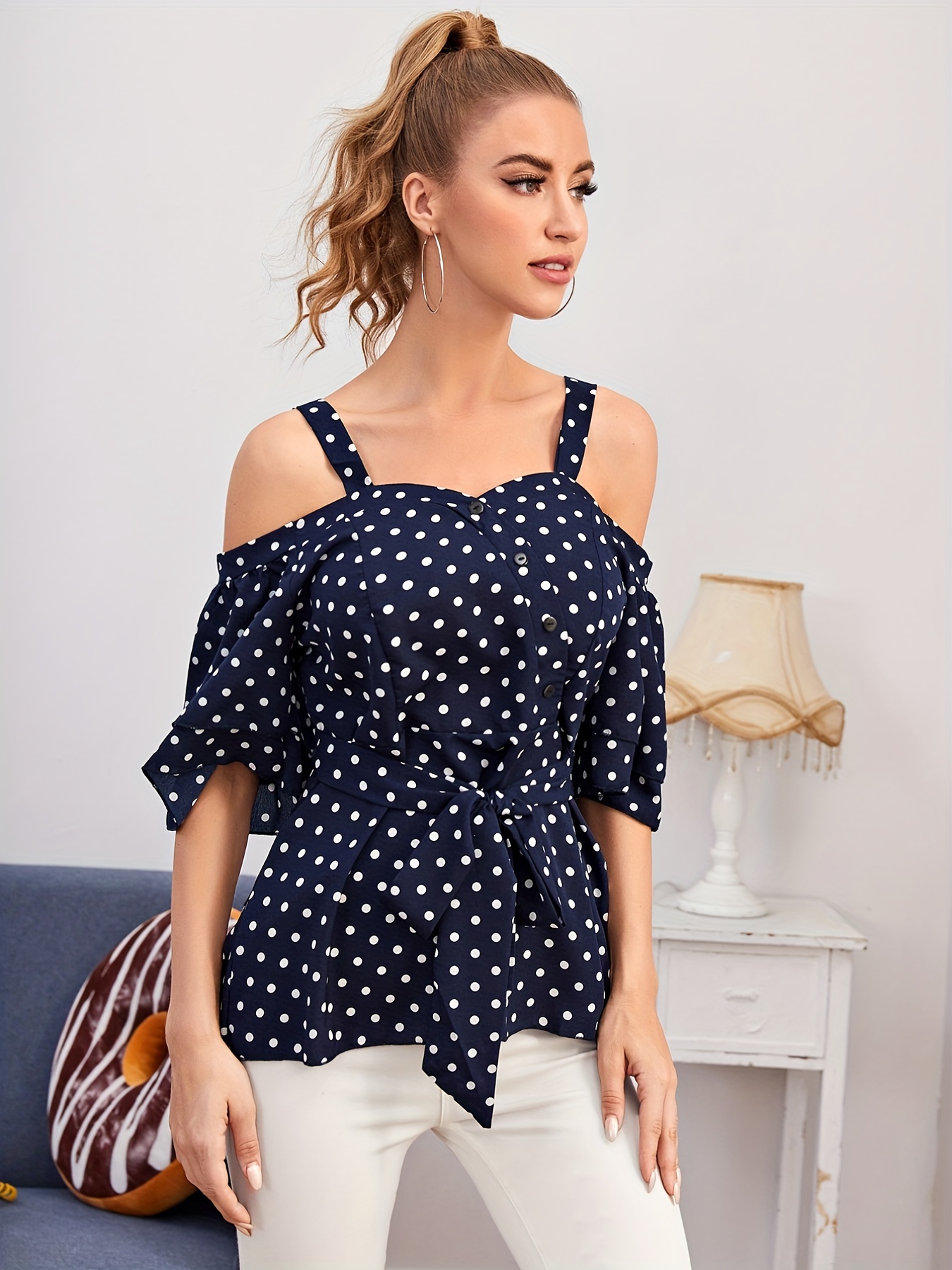 Polka Dot Cold Shoulder Blouse Elegant Short Sleeve Tie - Temu Canada