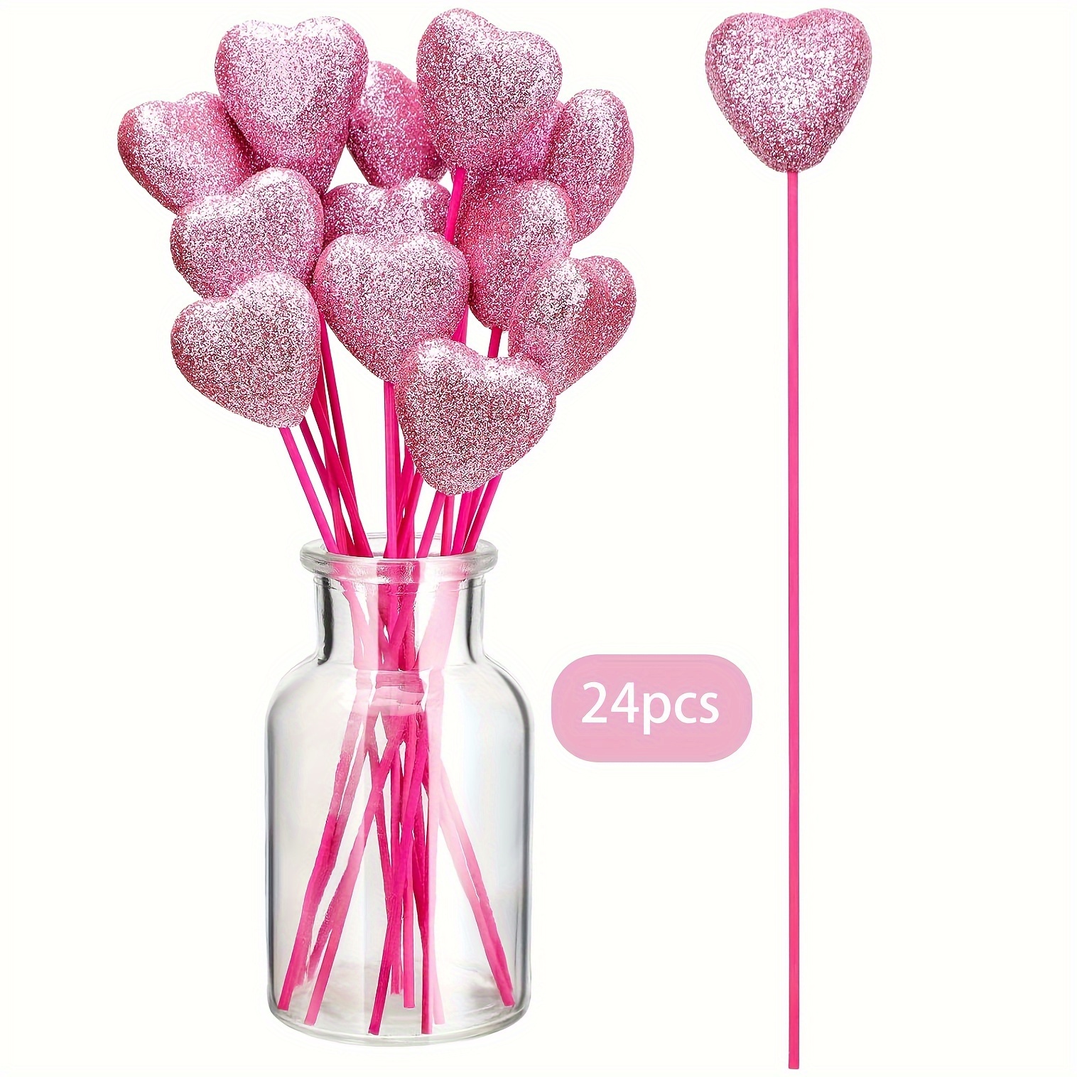9 Pink Glitter Heart Picks-pink Glitter Foam Hearts on Wood Stick