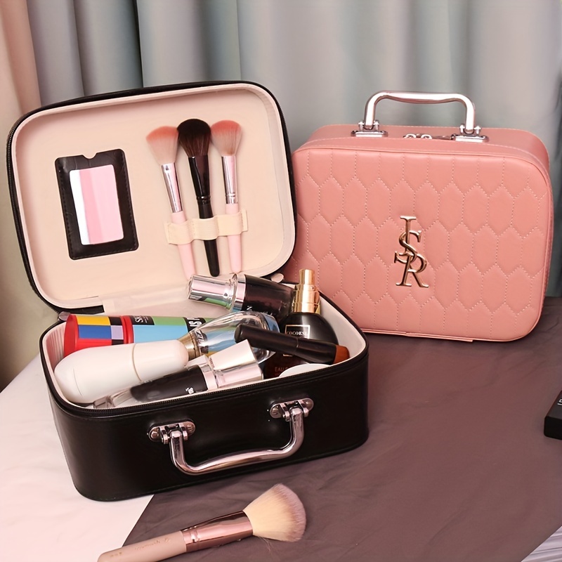 Leather Makeup Train Case with Mirror and Handle