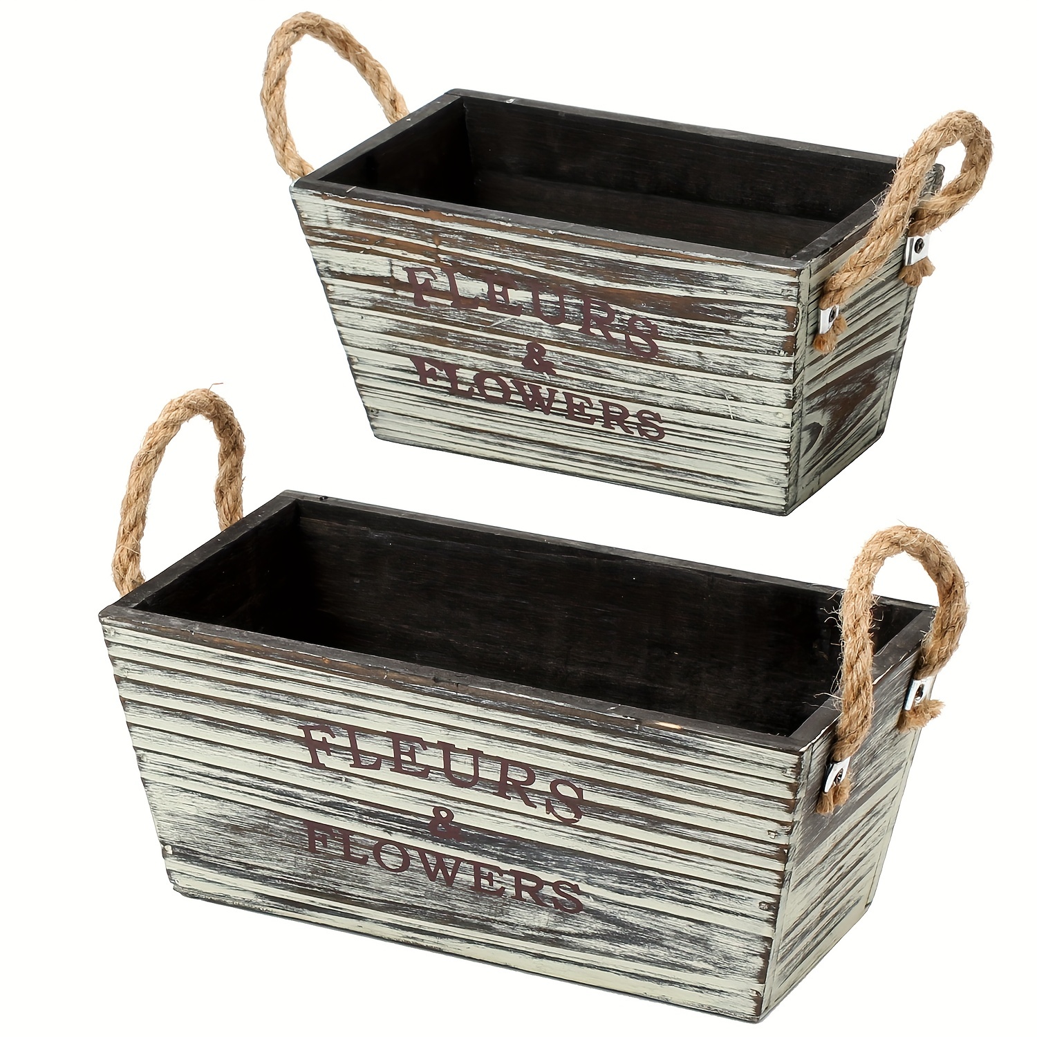 

Vintage Beach Style Wooden Planter Pots With Hemp Rope Handles, Rectangular Home Decor Flower Pots For Indoor & Outdoor Use - Set Of 2