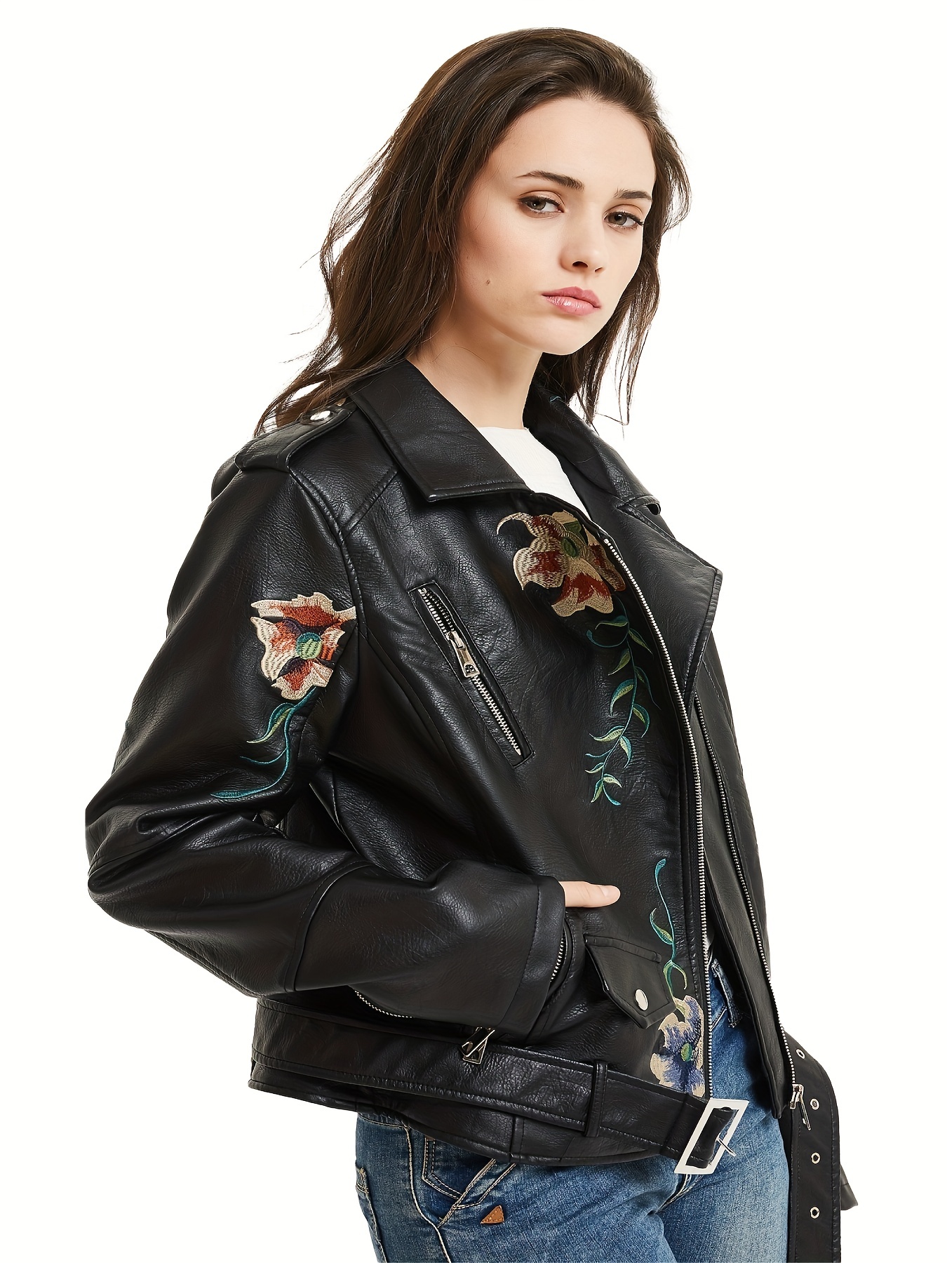 Floral Pattern Pu Leather Jacket Street Wear Zipper Moto - Temu
