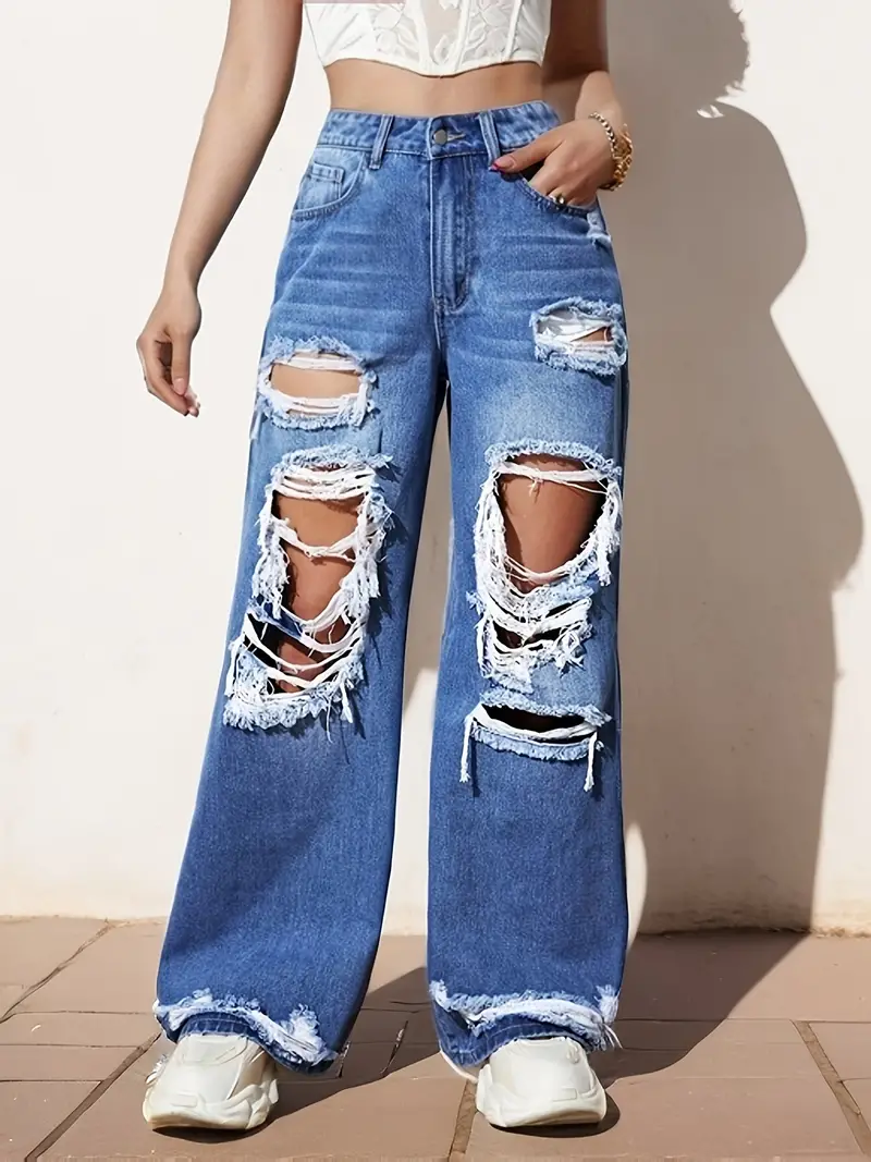Ripped Straight Leg Loose Fit Jeans, High * Wide Legs Distressed Denim  Pants, Women's Denim Jeans & Clothing