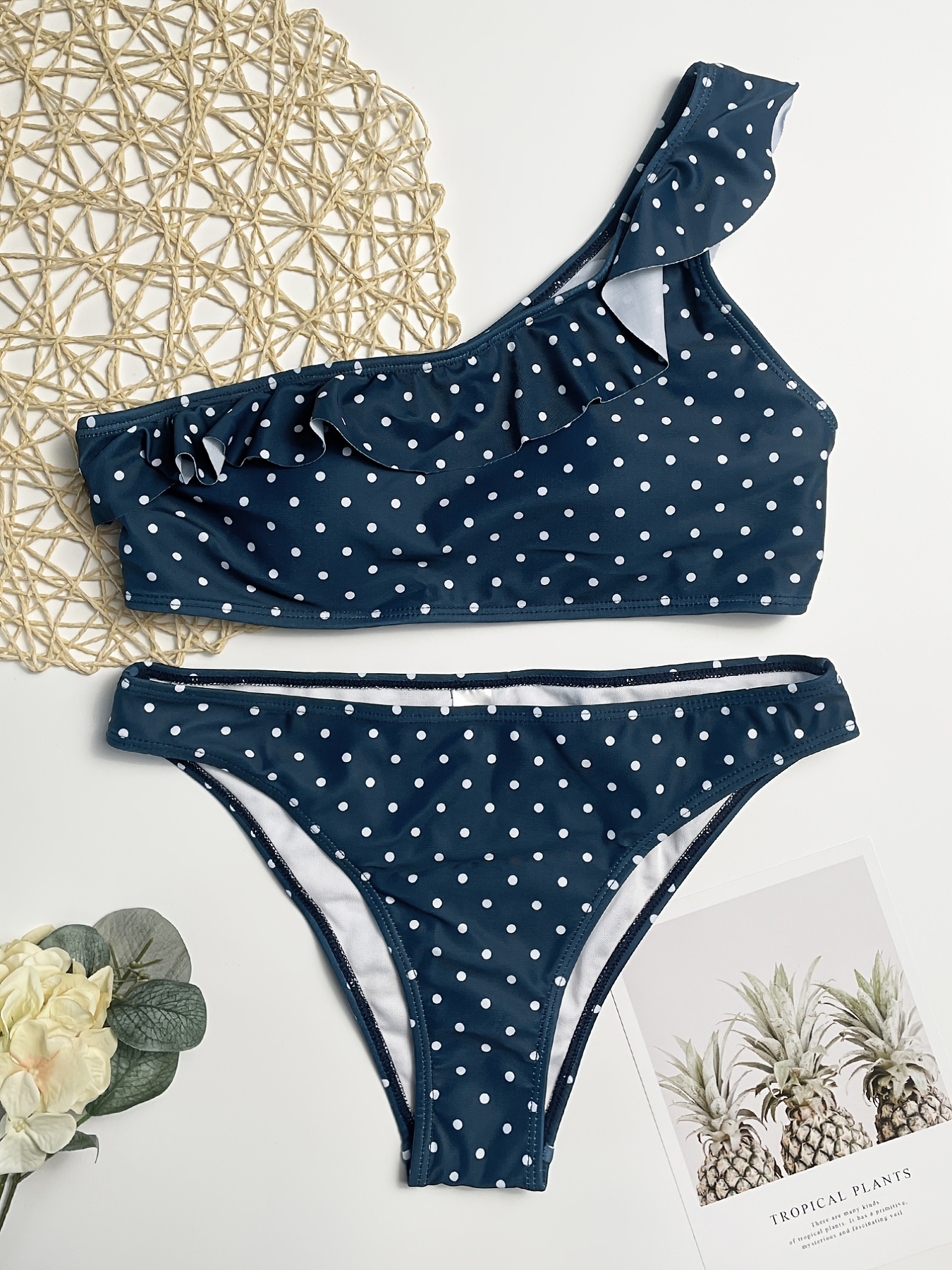 polka dot tie shoulder bikini swimsuit