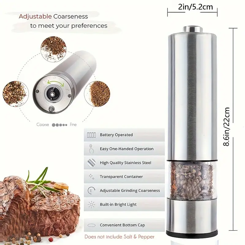 Electric Salt And Pepper Grinder Set, Battery Operated Stainless Steel Spice  Mill With Light, Automatic Pepper Grinder, One Handed Operation, Electronic  Adjustable Pepper Grinder, Kitchen Tools,halloween/christmas Gift - Temu