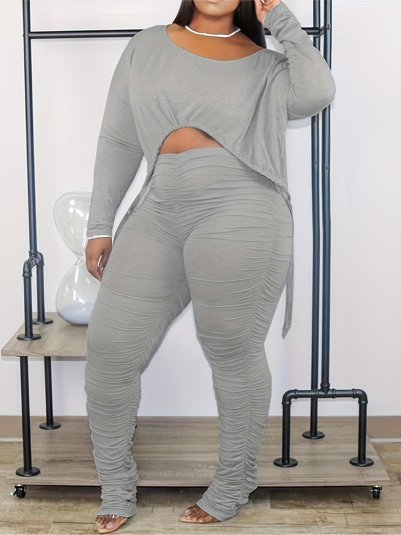 Plus Size Fishnet Two piece Cut Long Sleeve Top Pants - Temu