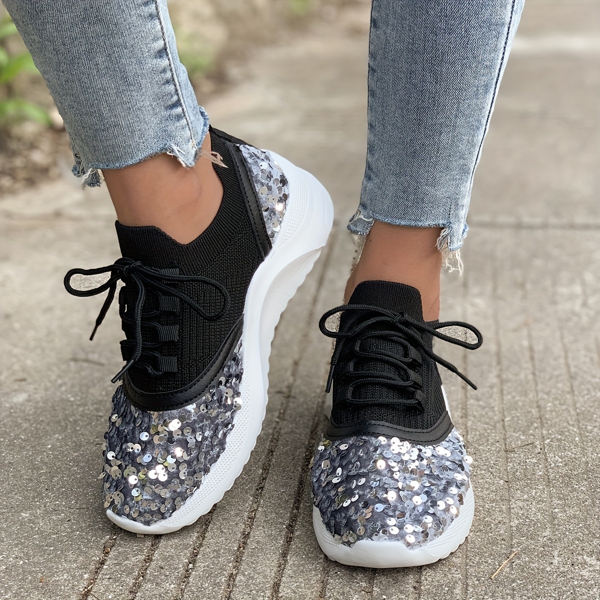 Solid Color Glitter Sneakers, Women's Sequins Decor Lightweight Casual Slip Sneakers,Women Tennis Shoes,Temu