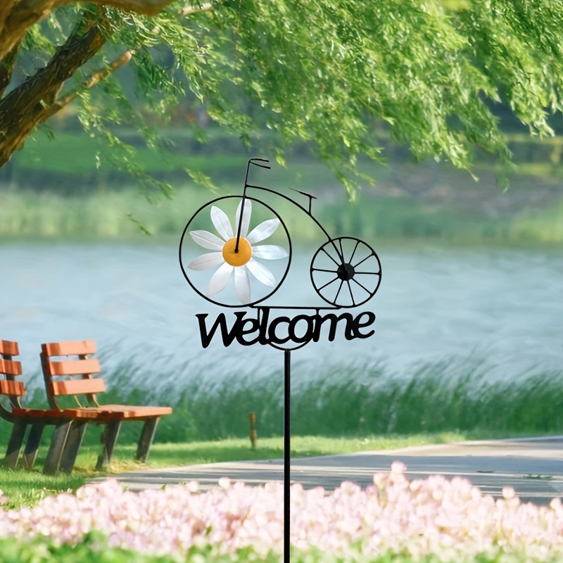 

1pc Daisy Bicycle Decorative Garden Sign With Stakes, Ground Insert Garden Decor, Outdoor Home Decor, Insert Decoration For Home Garden Patio, Country Style Yard Lawn Art Decor