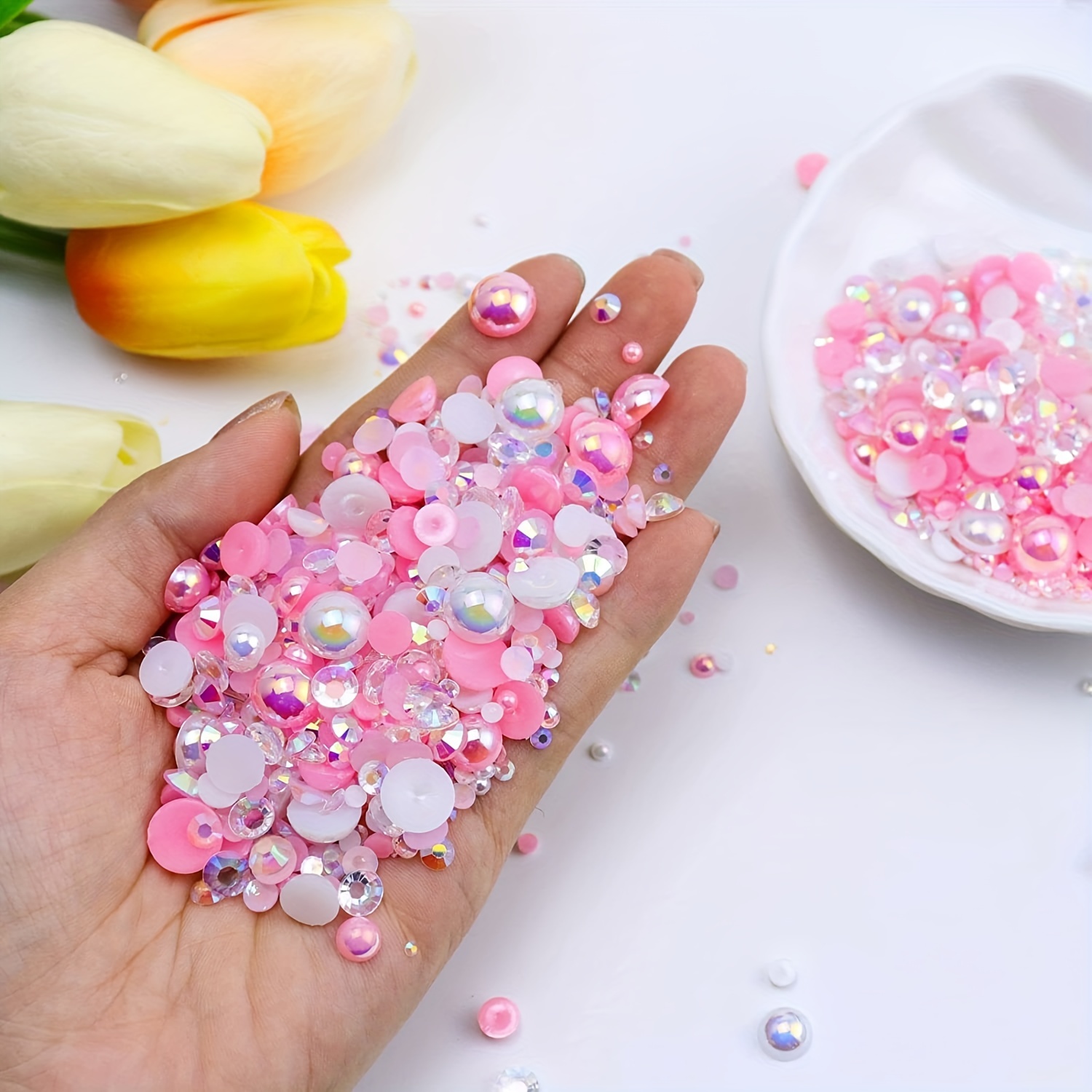 1100pcs Flatback Pearls & Rhinestones, 30g Mixed Size 3mm-10mm Ab Color  Resin Rhinestones In Pink, Blue, And White, Half Round Flatback Pearl  Rhinestones, Suitable For Nail Art, Face Art, Crafts, Jewelry Making