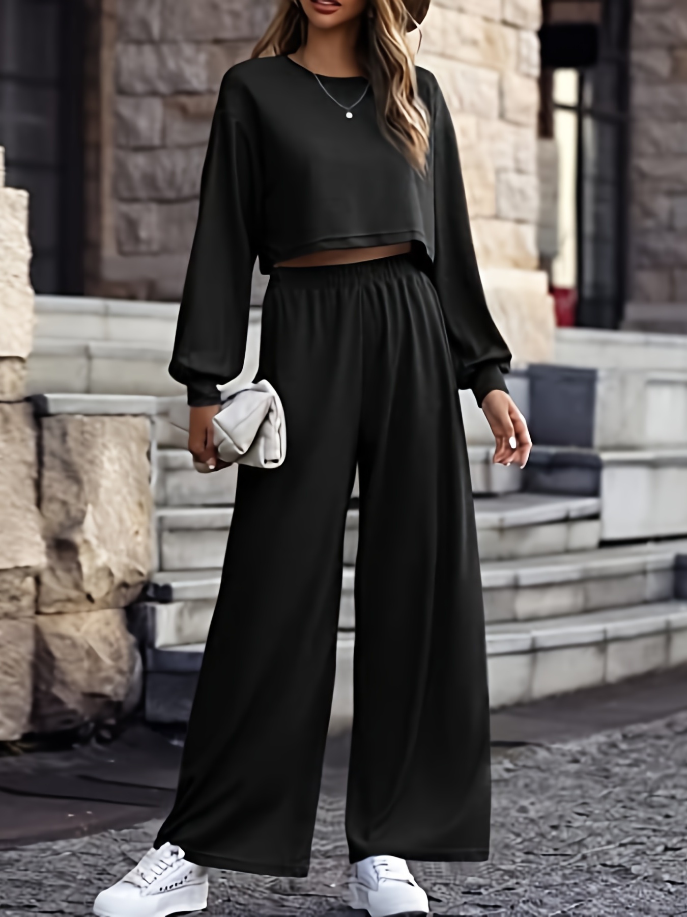 Casual Solid Two piece Set Long Sleeve Top Pants Outfits - Temu Canada