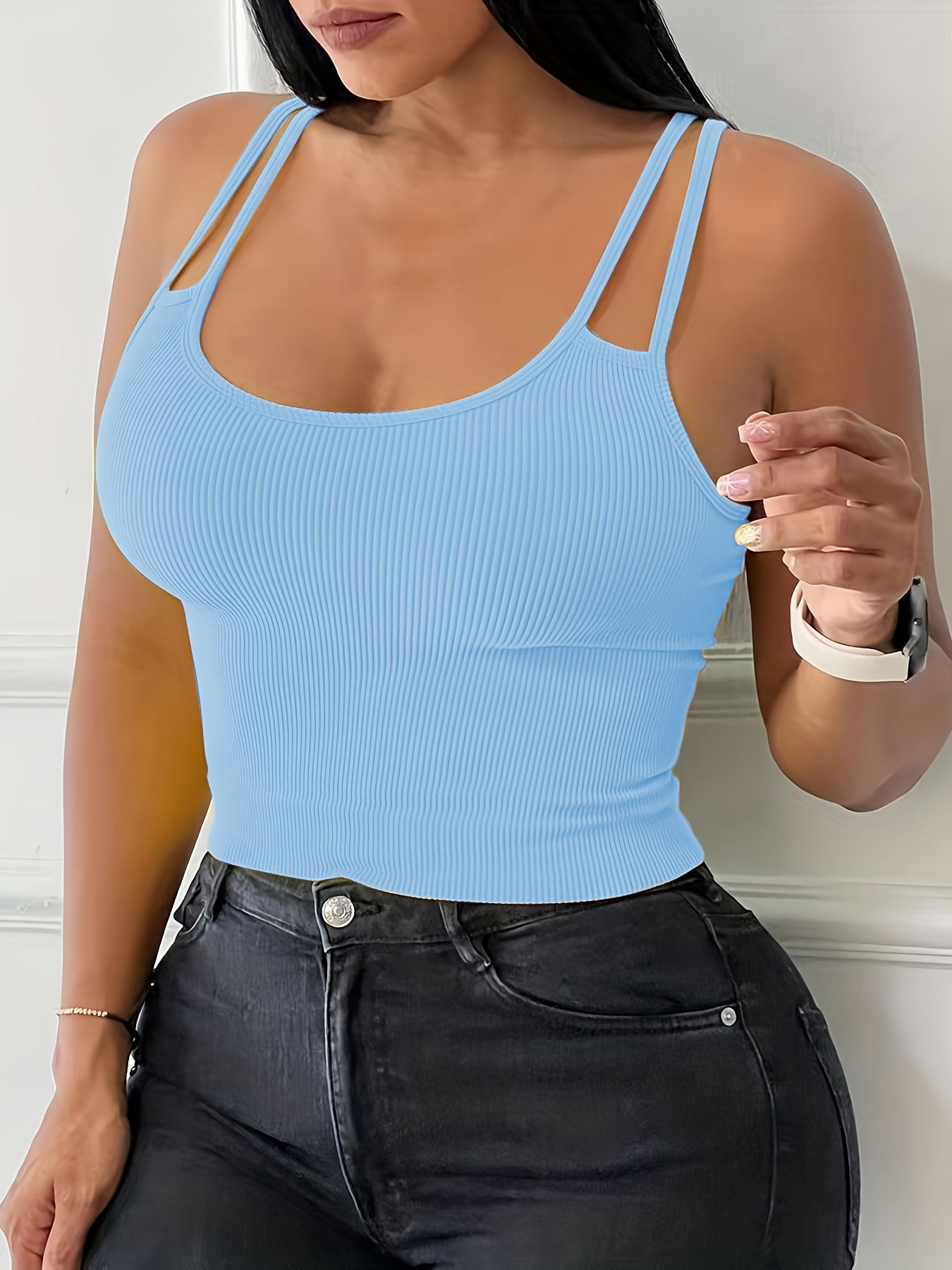 Ribbed Cutout Straps Tank Top Casual Crew Neck Summer - Temu