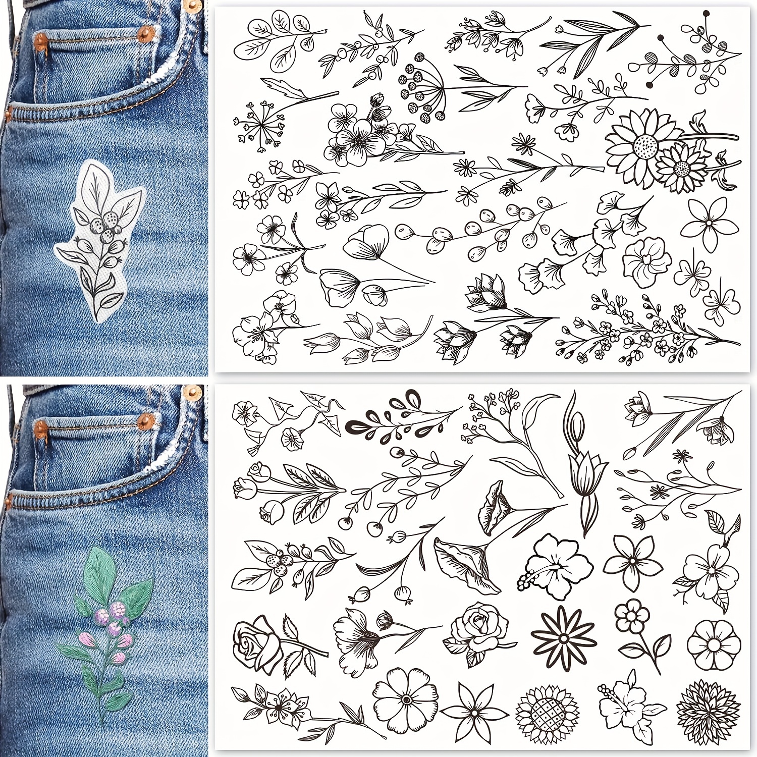 Patemby 50Pcs Water Soluble Embroidery Stabilizers, Stick and Stitch  Embroidery Paper with Pre-Printed Flowers and Leaves Pattern Transfers for  Hand
