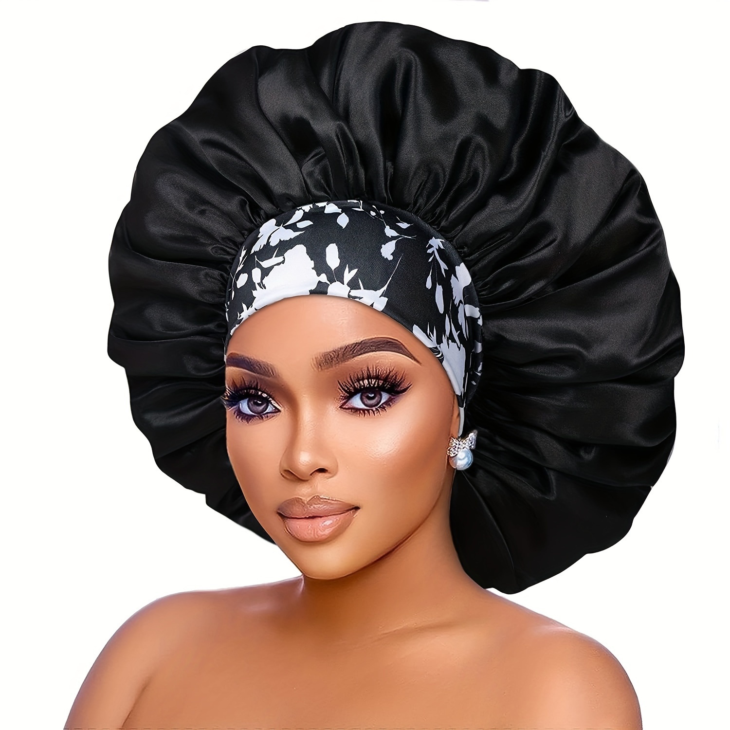 

1pc Extra Large Satin Bonnets For Sleeping, Hair Bonnets For Women Braids Curly Straight Hair, Hair Cap With Floral Pattern Wide Elastic Band (random Flower Print Position)