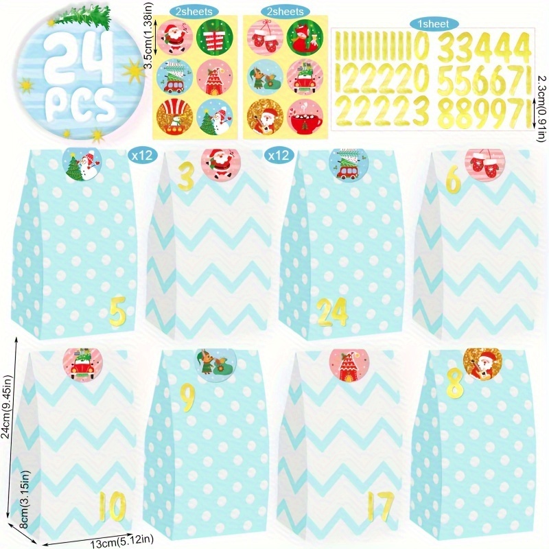 24sets Chritsmas Pink Gift Bags With Number Stickers Advent Calendar Treat Bags Cookie Gift Pouch Goodie Bags Xmas Party Favor Present Wrapping Supplies