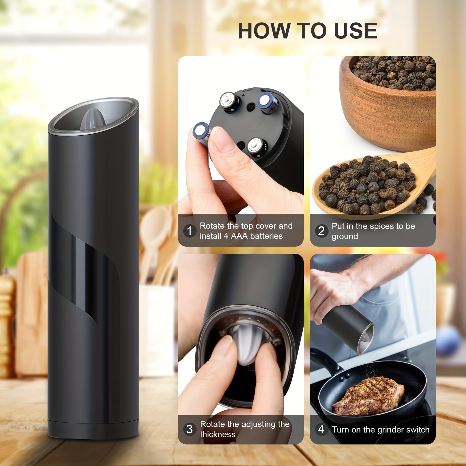 Rocyis Electric Salt and Pepper Grinder-Gravity Automatic Spice Mill  Set-Battery Powered w/LED Light, Adjustable Coarseness, One Hand Operated  Smart
