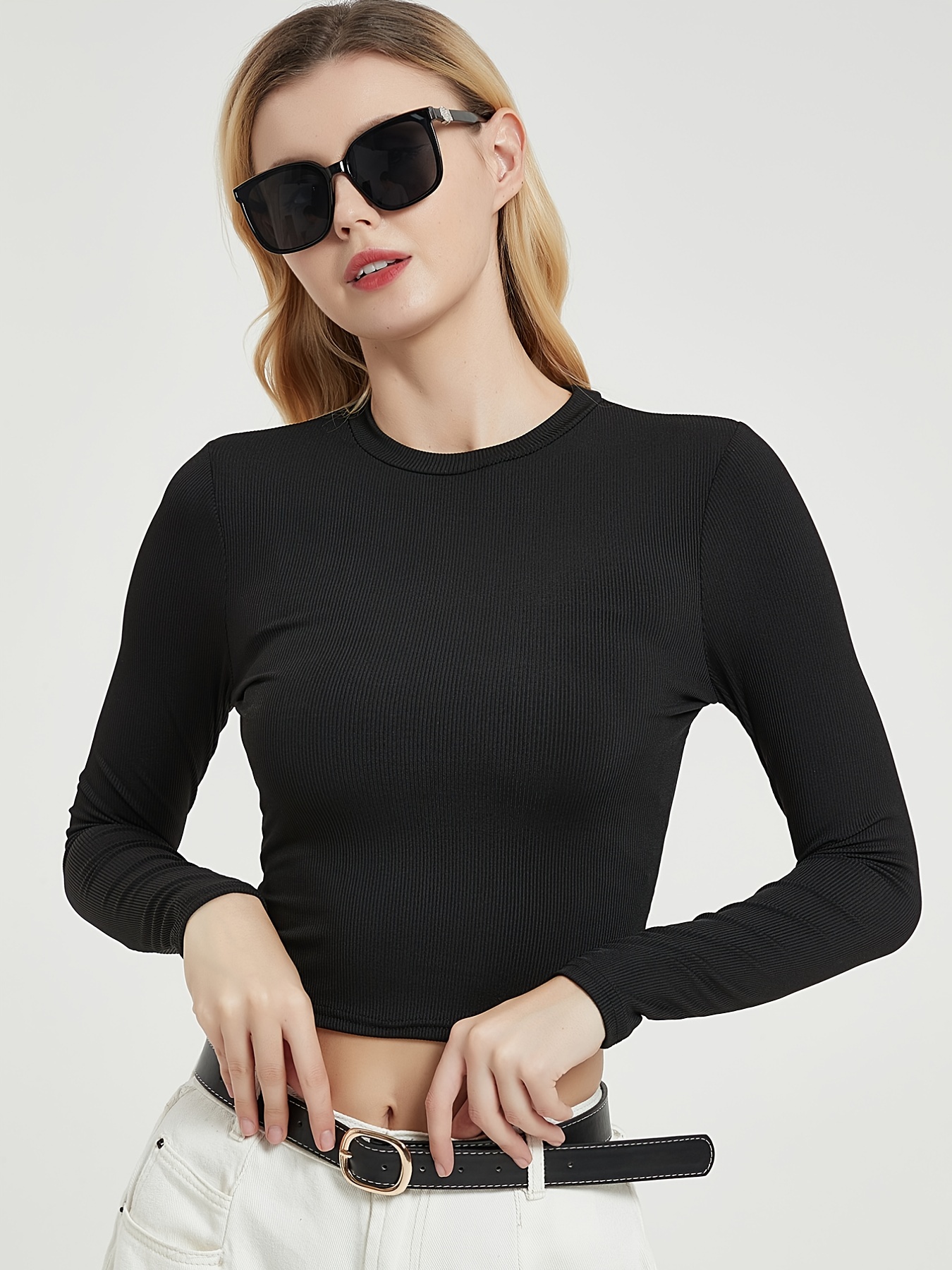 Ribbed Tied Crew Neck Crop T shirt Casual Long Sleeve Top - Temu
