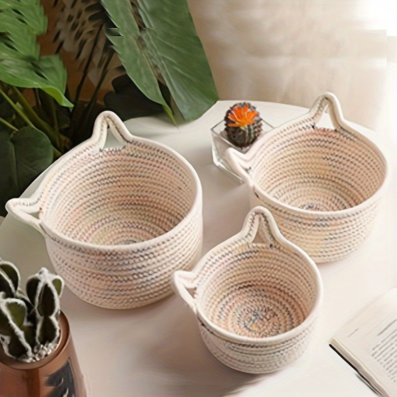 Woven Basket Set of 3 - Cotton Rope Decorative Storage Baskets