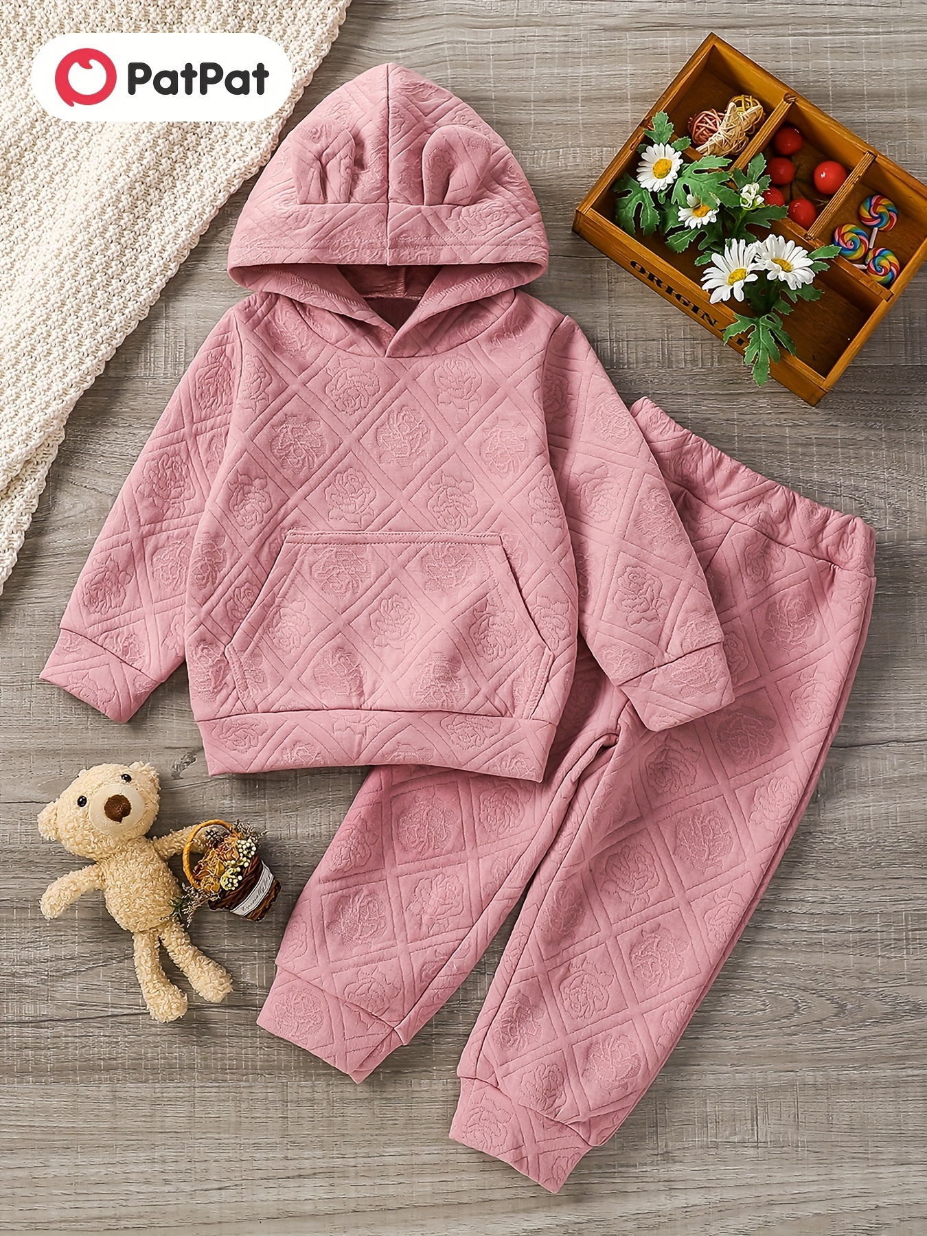 2-piece Toddler Girl Letter Textured Pink Pullover Sweatshirt and Elasticized Pants Set