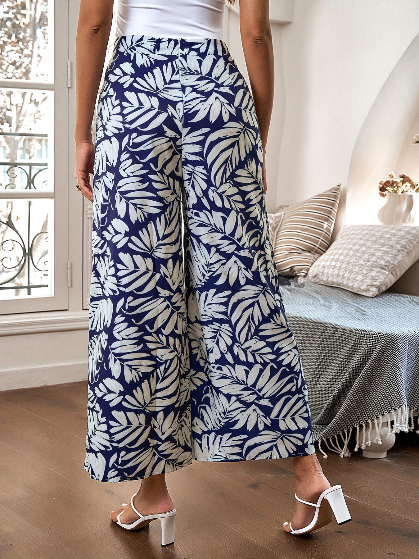 Plant Print Wide Leg Pants Boho High Waist Summer Casual Temu