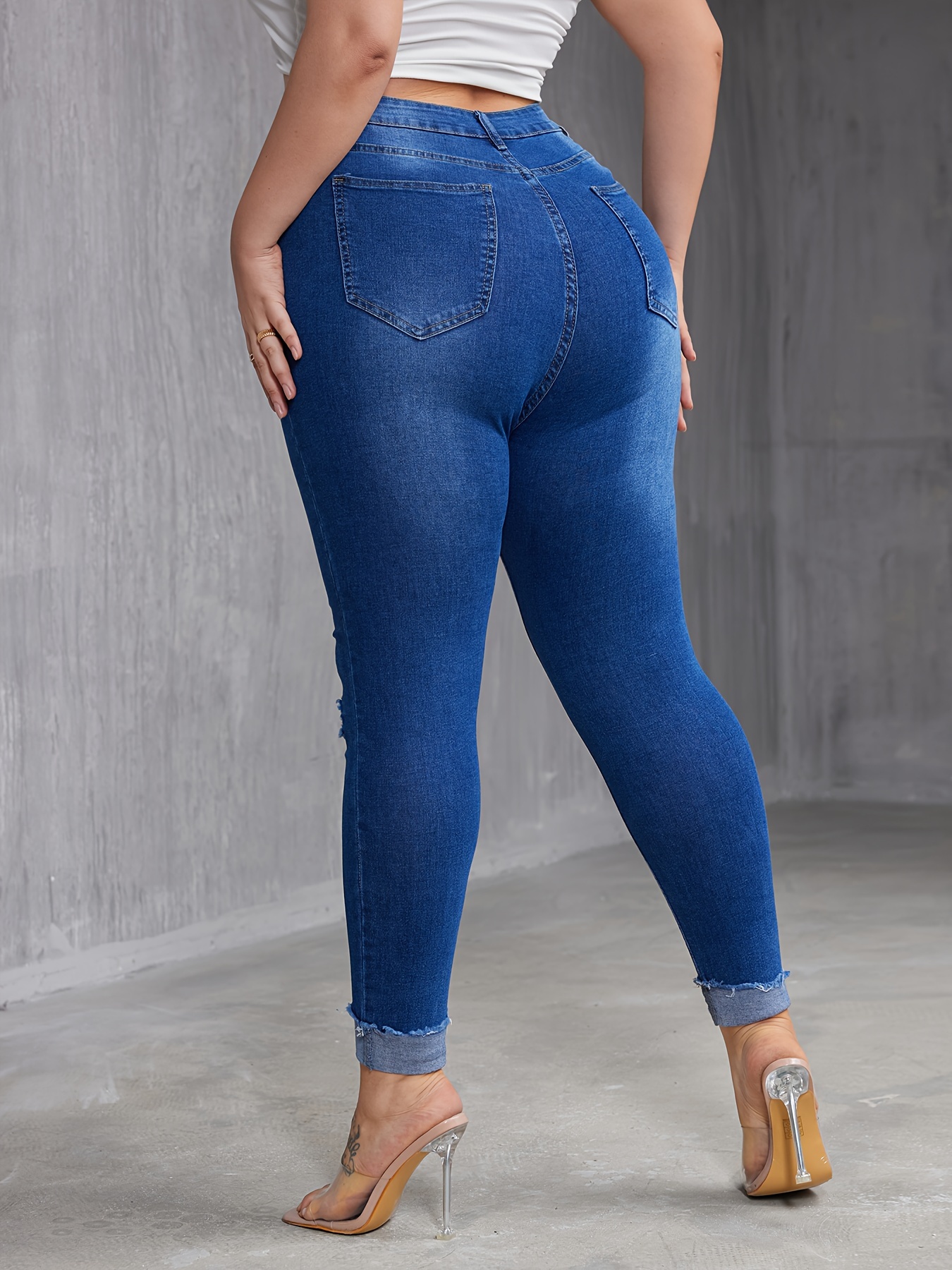 Plus Size Casual Jeans Women's Plus Ripped Button Fly Slight - Temu
