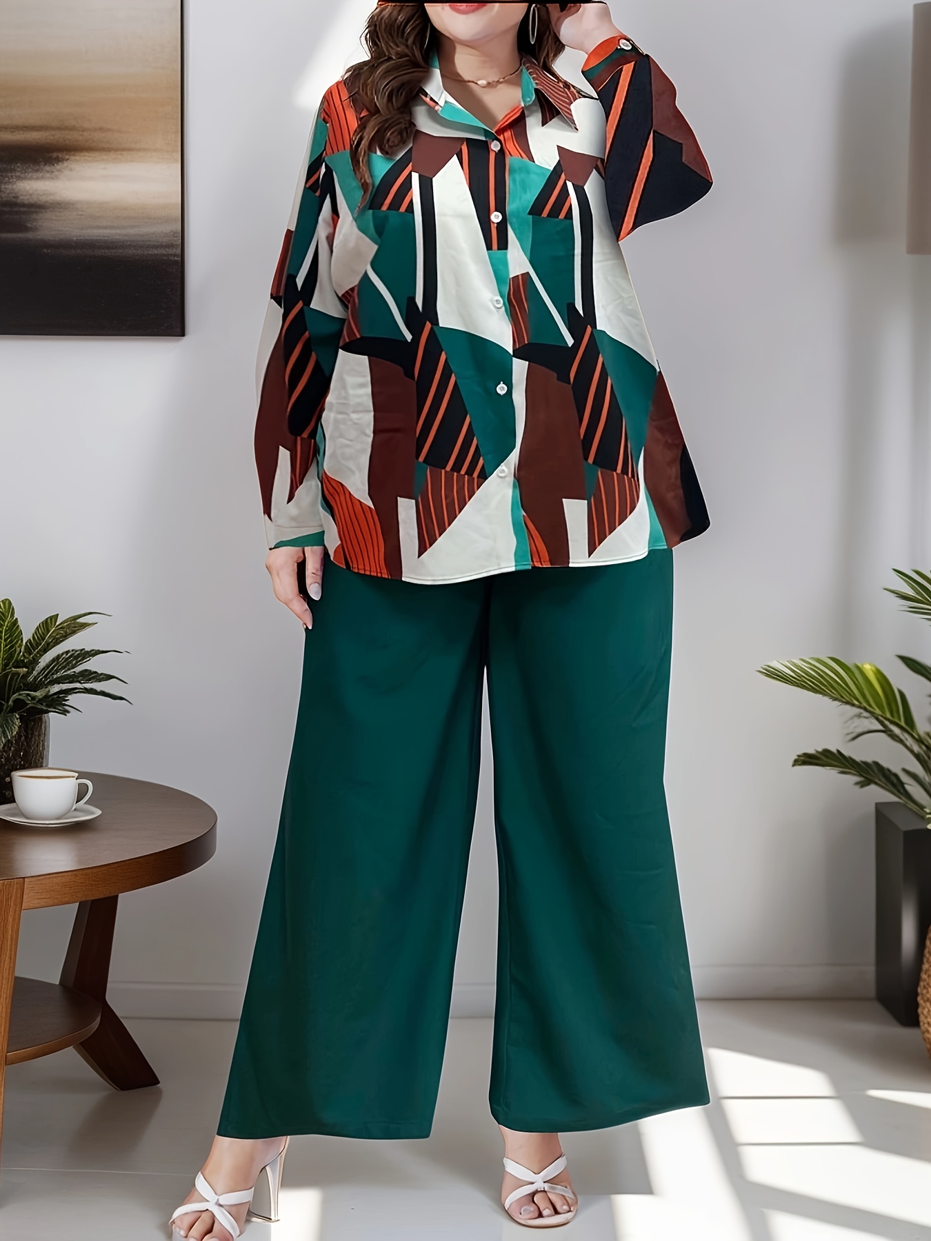 Plus Size Women's Solid Neon Green Long Sleeve Chic One Button Blouse and  Pants Two Piece Set - The Little Connection