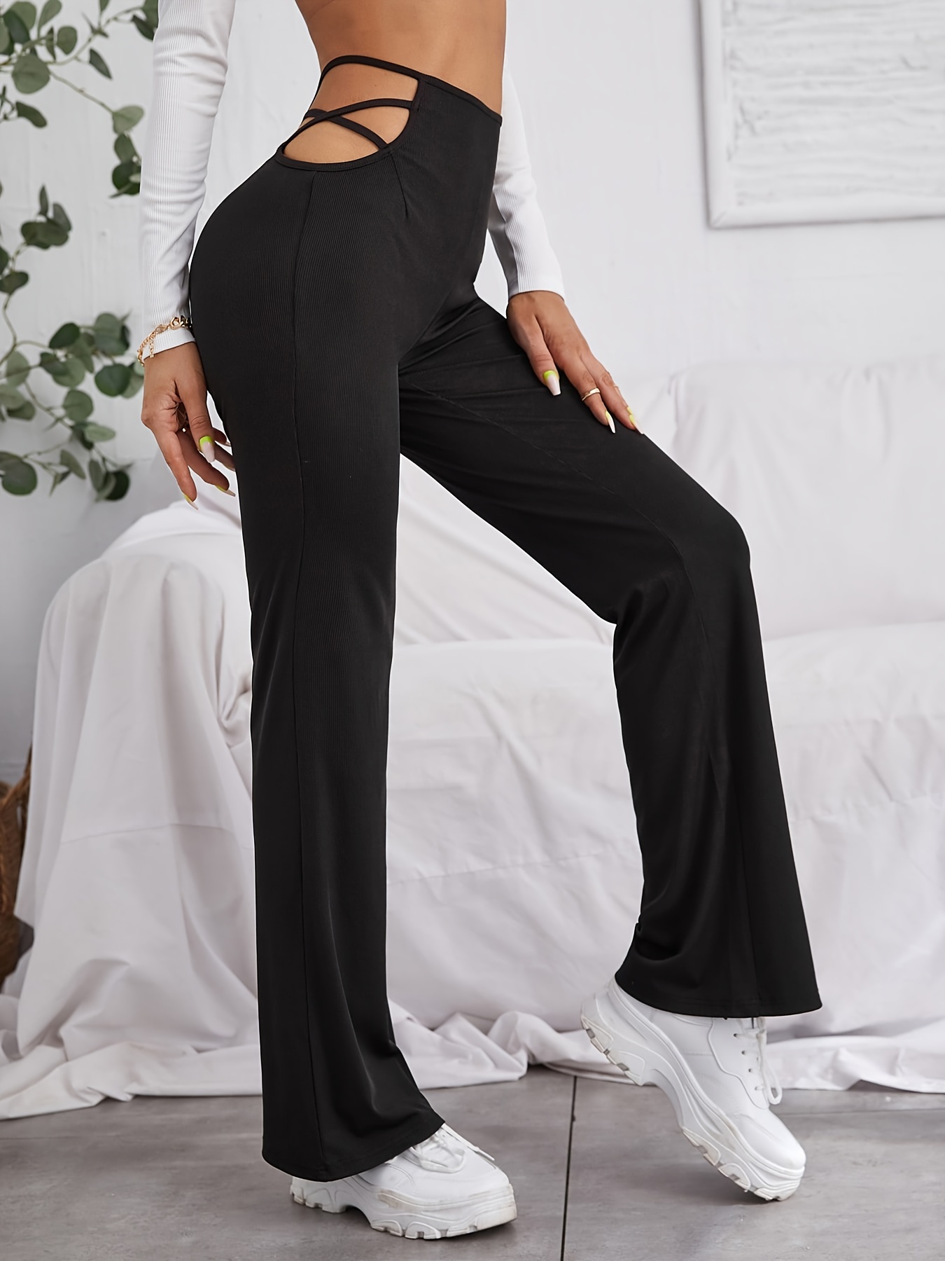 Black Rib Knit Cut Out Waist Leggings