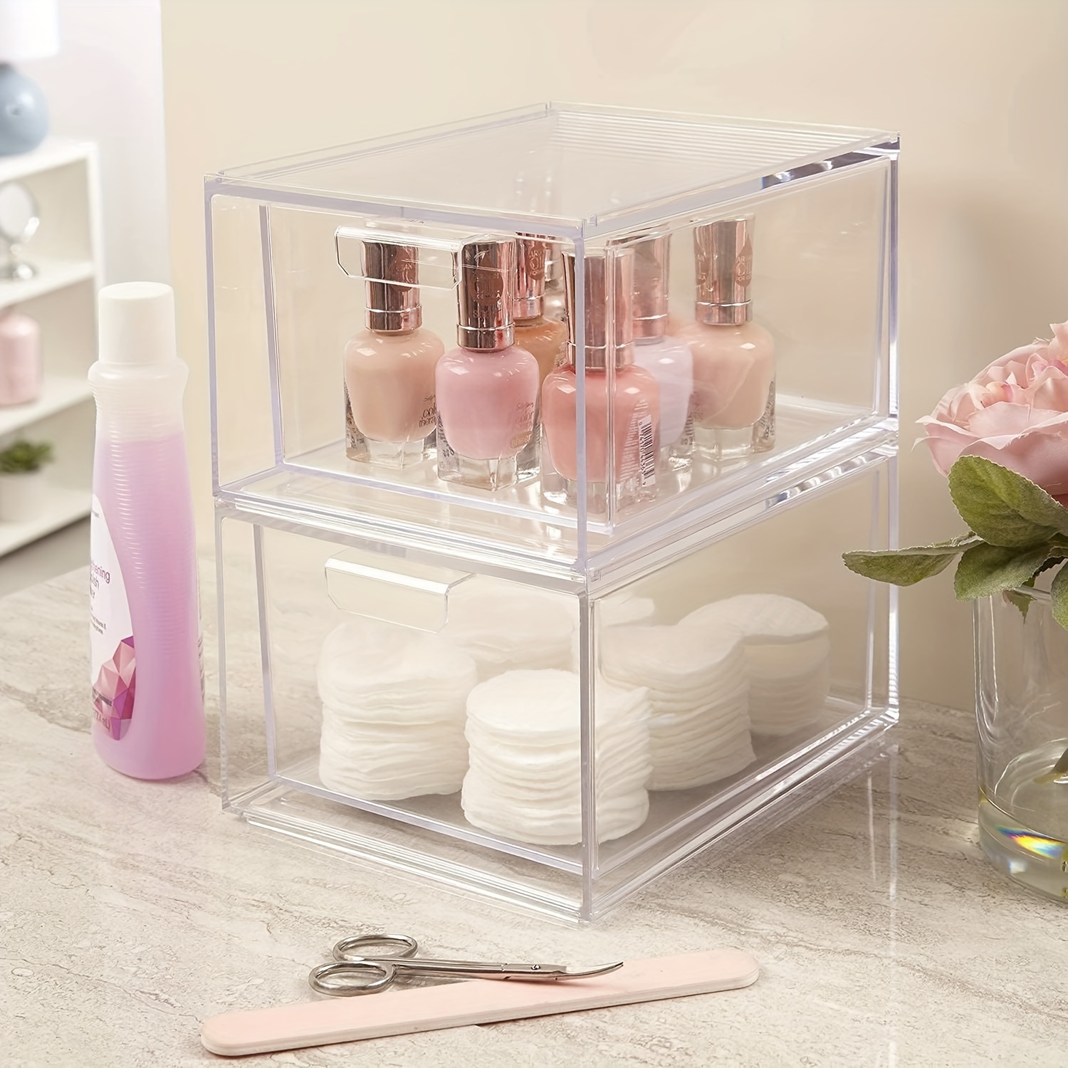 4 Pack Stackable Makeup Organizer Storage Drawers, Acrylic