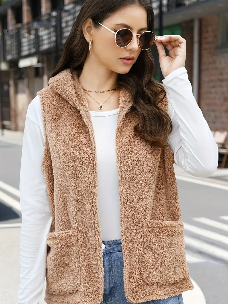 Solid Open Front Teddy Hooded Vest Casual Sleeveless Dual - Temu