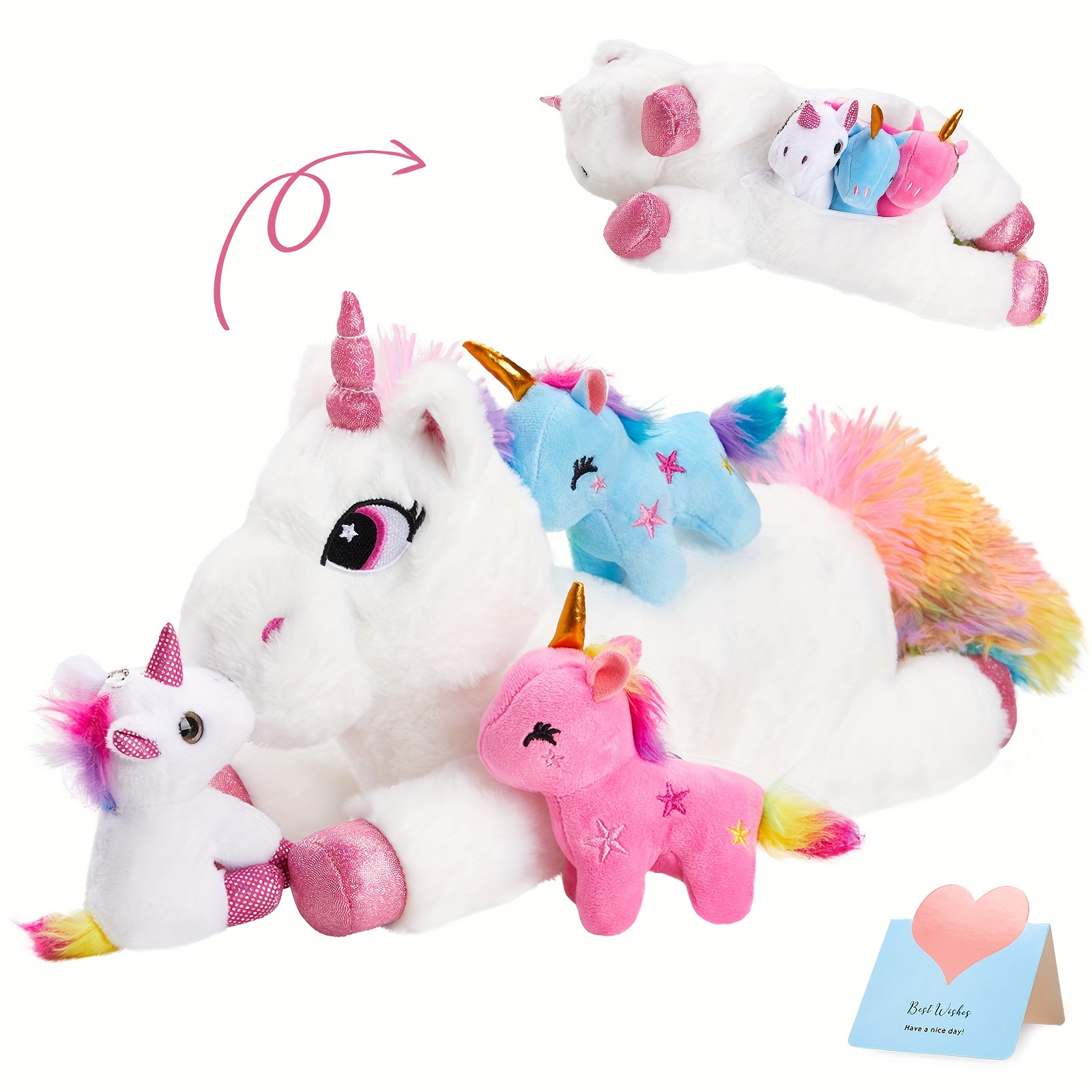 

4pcs 14 Inches/35 Cm, 5 Inches/13 Cm Mother Child Unicorn Stuffed Animal Plush Toys, Realistic, Soft, Loving Mother And 3 Dolls, Playing With Children Gift