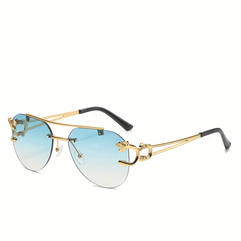 Stylish Blue Gradient Rimless Sunglasses with Gold Leopard Accents Amazon.com: TYUVIVO Fashion Metal Leopard Rimless Sunglasses  main image 4