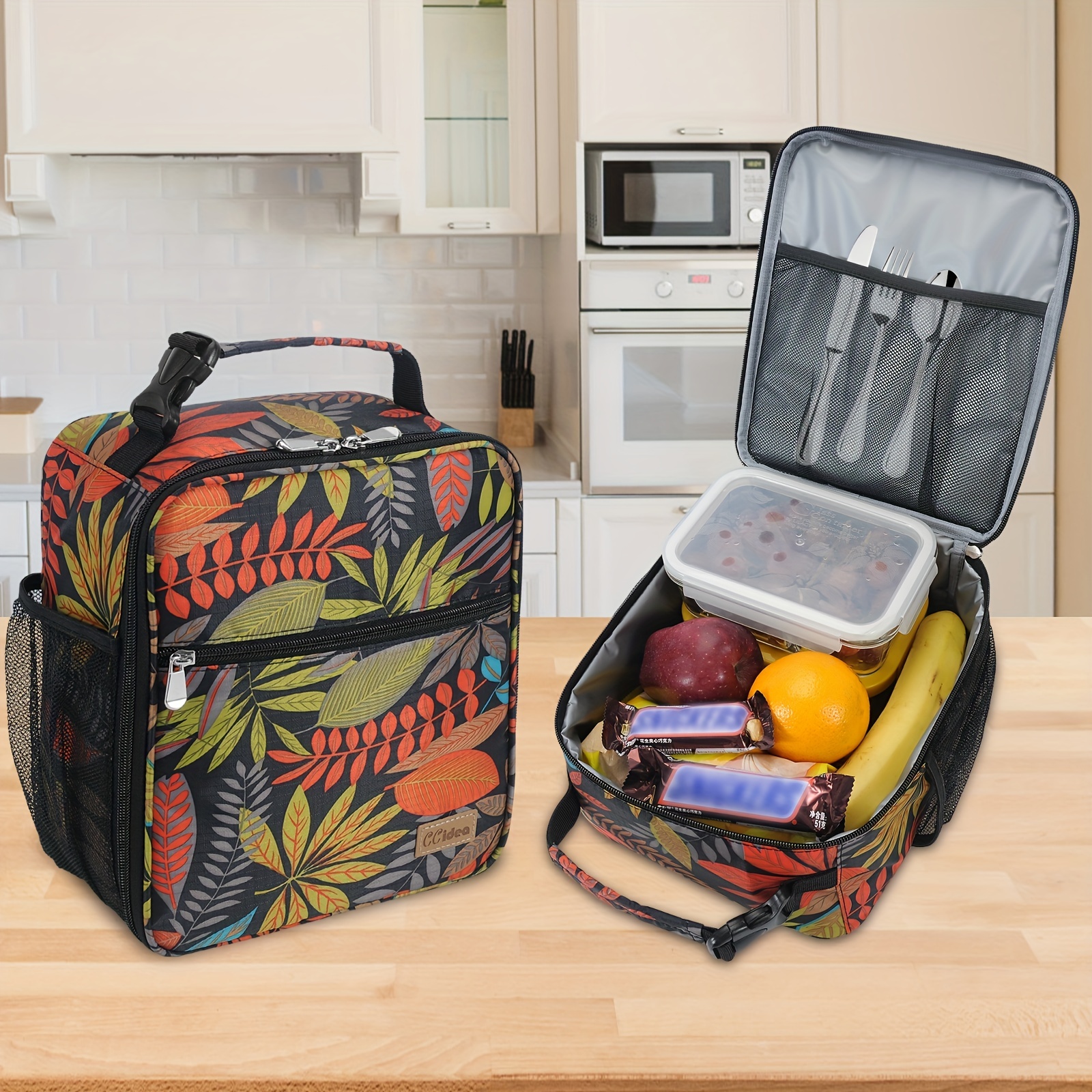 Portable Zipper Lunch Bag with Side Pocket