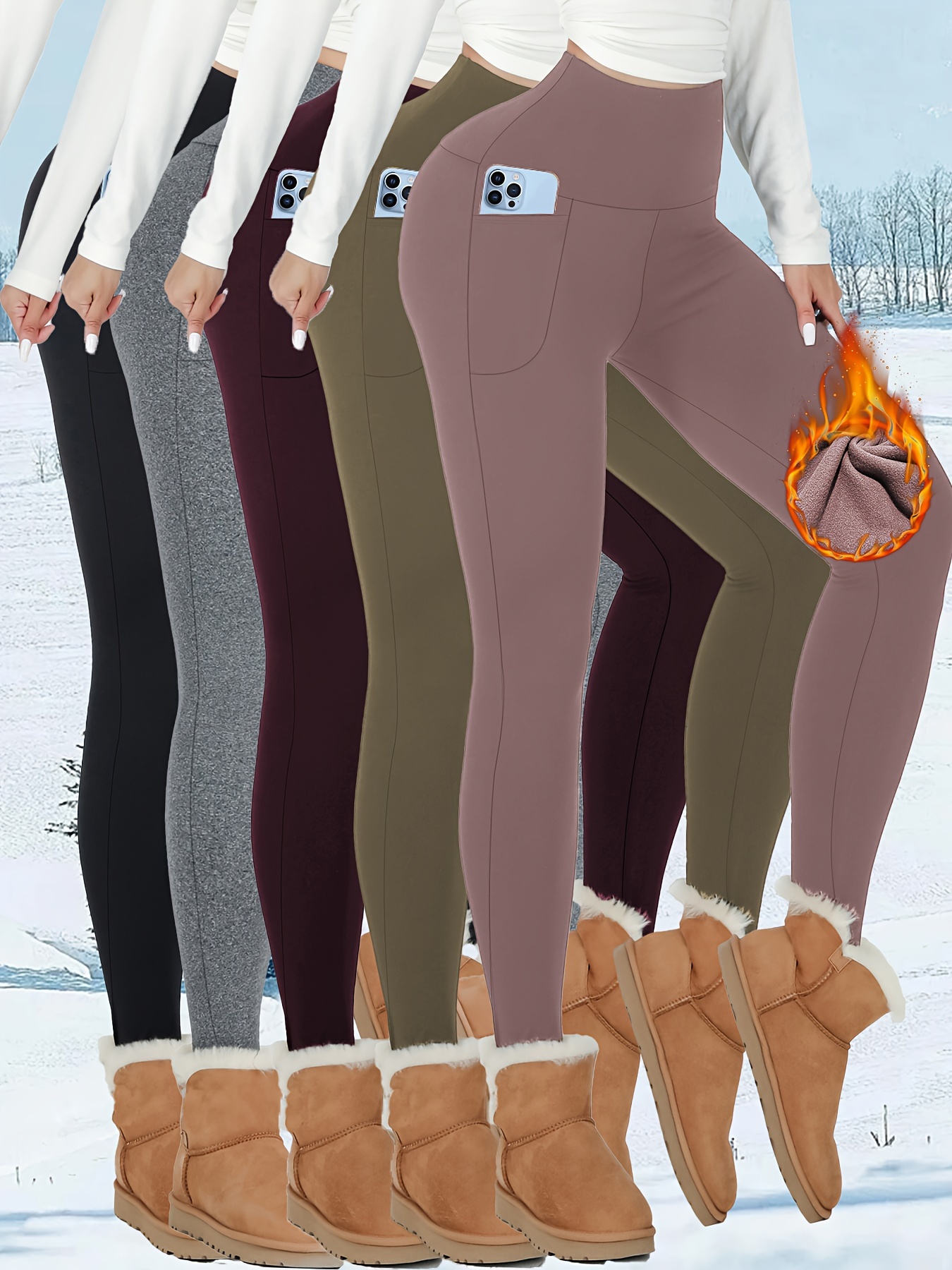 Women's Fleece Lined Leggings Thermal Winter Leggings with Pockets High  Waist
