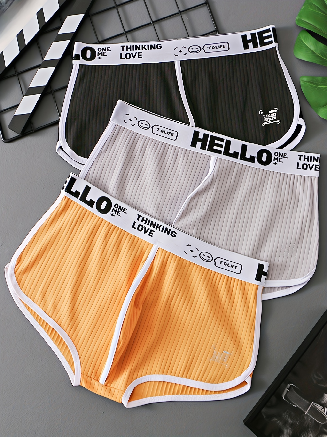 3pcs Men's 'HELLO' Print Fashion Striped Plain Color Boxers Briefs, Cotton  Breathable Soft Comfy Trunks, Medium Stretch Quick Drying Briefs, Men's Und