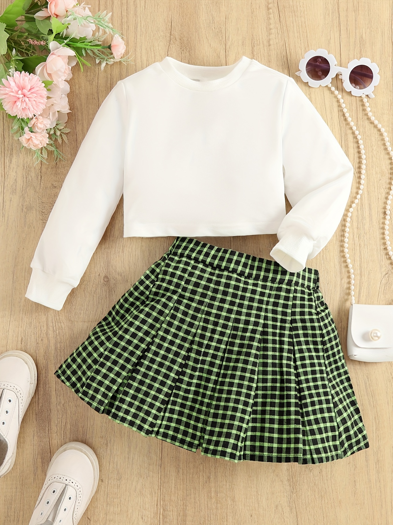 2pcs Girl's Preppy Style Outfit, Bear Pattern Sweatshirt & Pleated Skirt  Set, LOS ANGELES Print Casual Long Sleeve Top, Kid's Clothes For Spring Fall