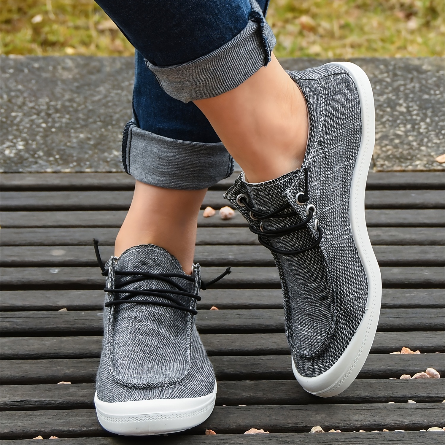 Justering cylinder triathlon Women's Deep Grey Flat Shoes, Casual Lace Up Walking Shoes, Comfortable  Slip On Canvas Sneakers - Temu
