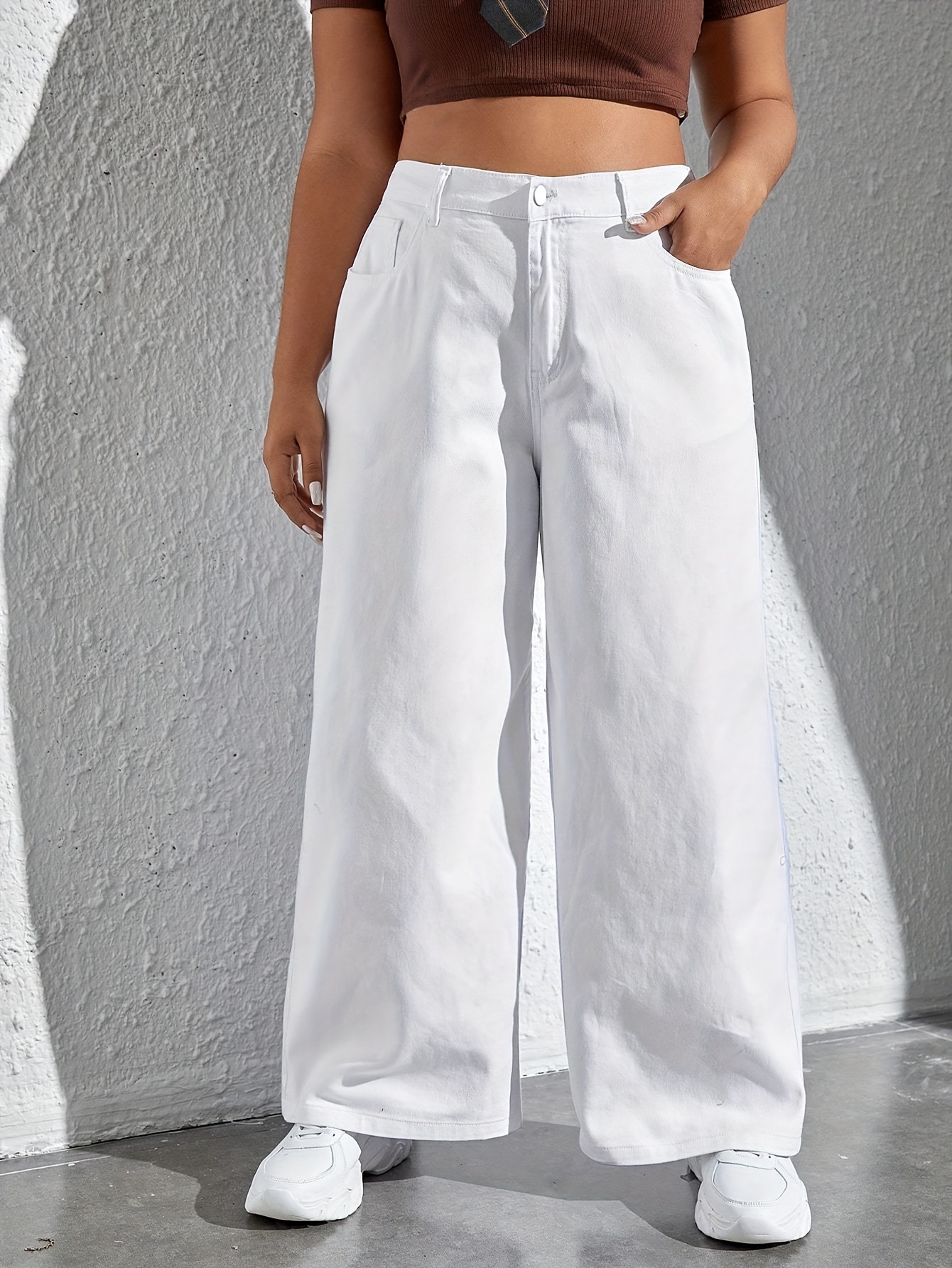 Plus Size Casual Pants, Women's Plus Plain Drawstring Eyelet Embroidered  High * Slight Stretch Straight Elastic Pants