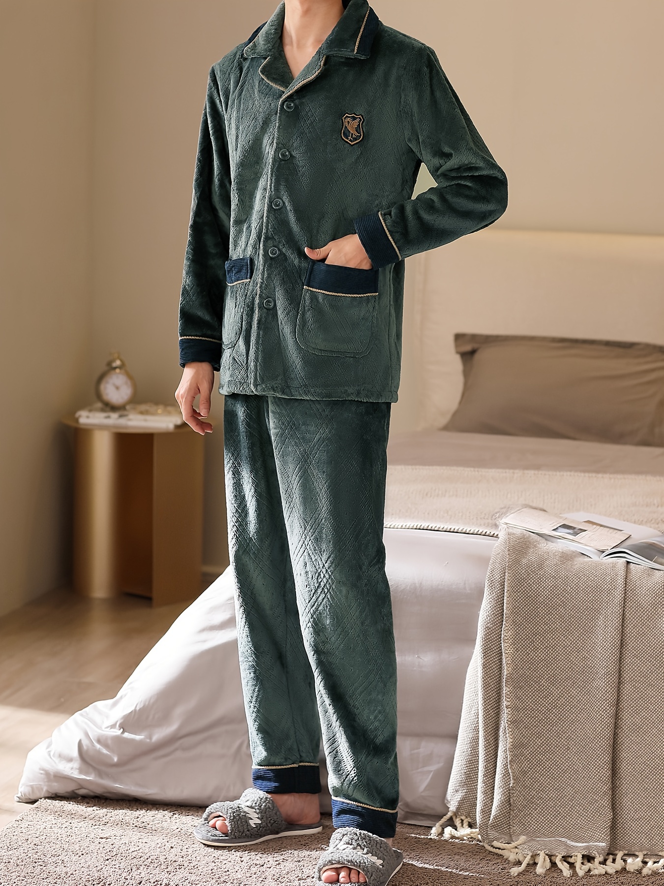 Zipper-up Pajamas Suit Winter Men Sleepwear Three-layer Thickened