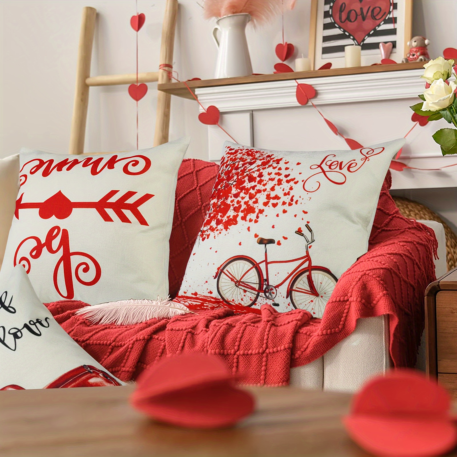 Valentines Day Pillow Covers 18x18 inch Set of 4 for Home Decor Truck Flower Red Heart and Love Bicycle Decor Valentines Day Throw Pillows Decorative